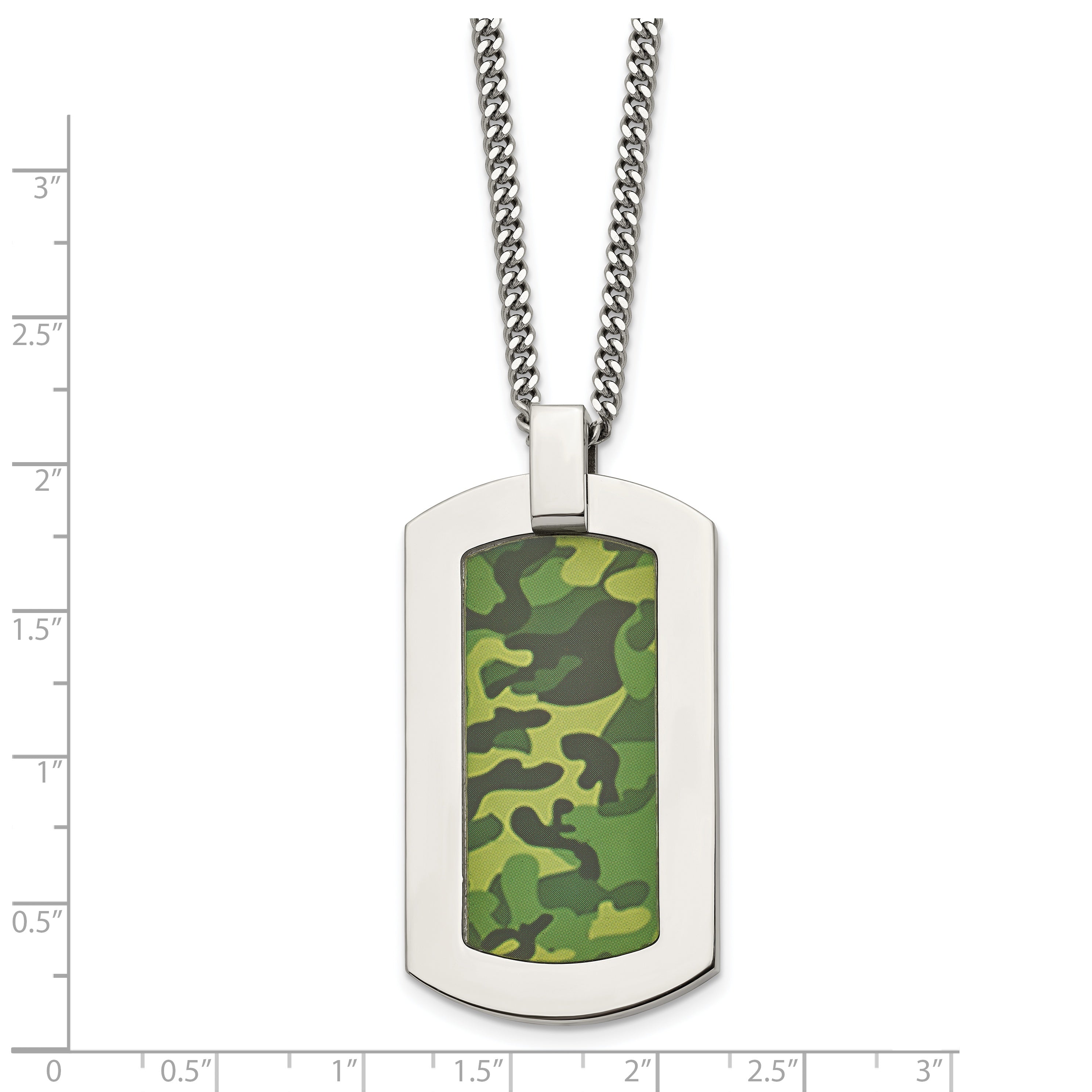 Chisel Stainless Steel Polished Printed Green Camo Under Rubber Dog Tag on a 22 inch Cable Chain Necklace