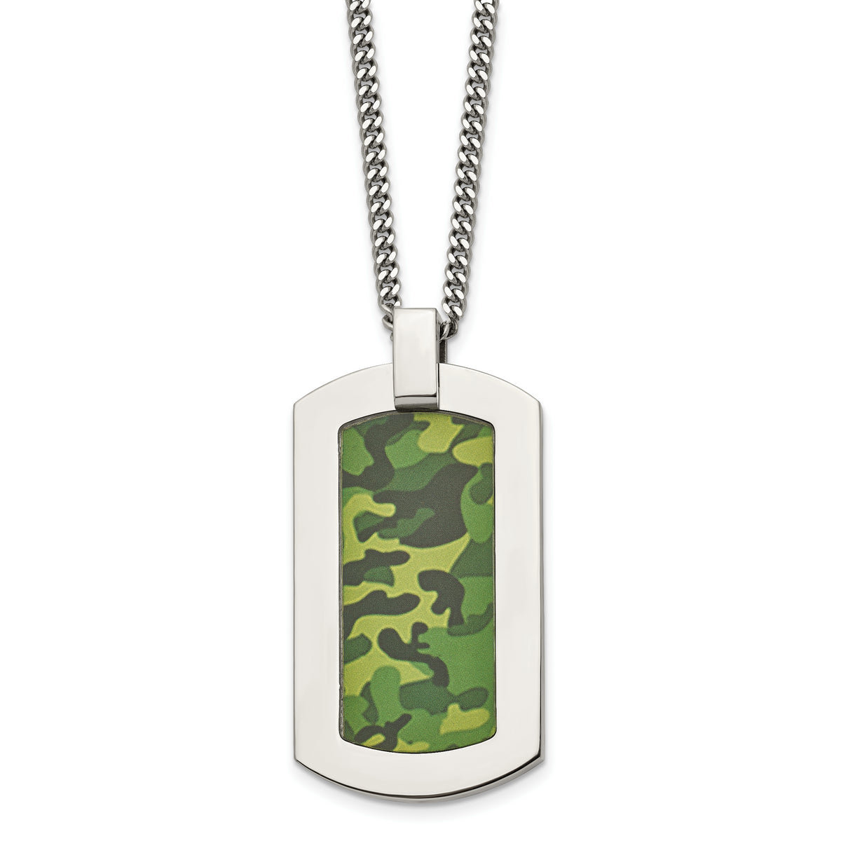 Chisel Stainless Steel Polished Printed Green Camo Under Rubber Dog Tag on a 22 inch Cable Chain Necklace