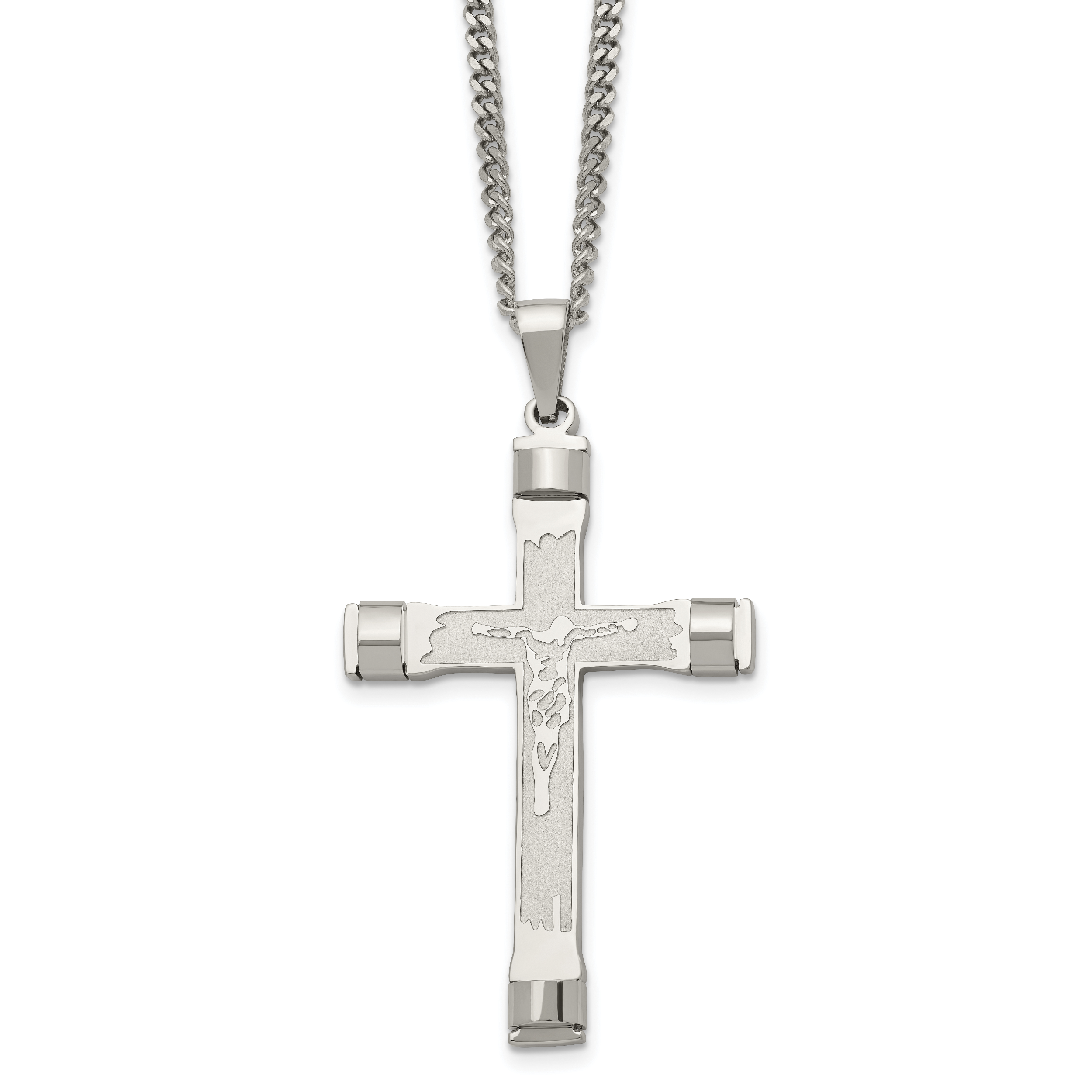 Chisel Stainless Steel Brushed and Polished Crucifix Pendant on a 22 inch Curb Chain Necklace Main image