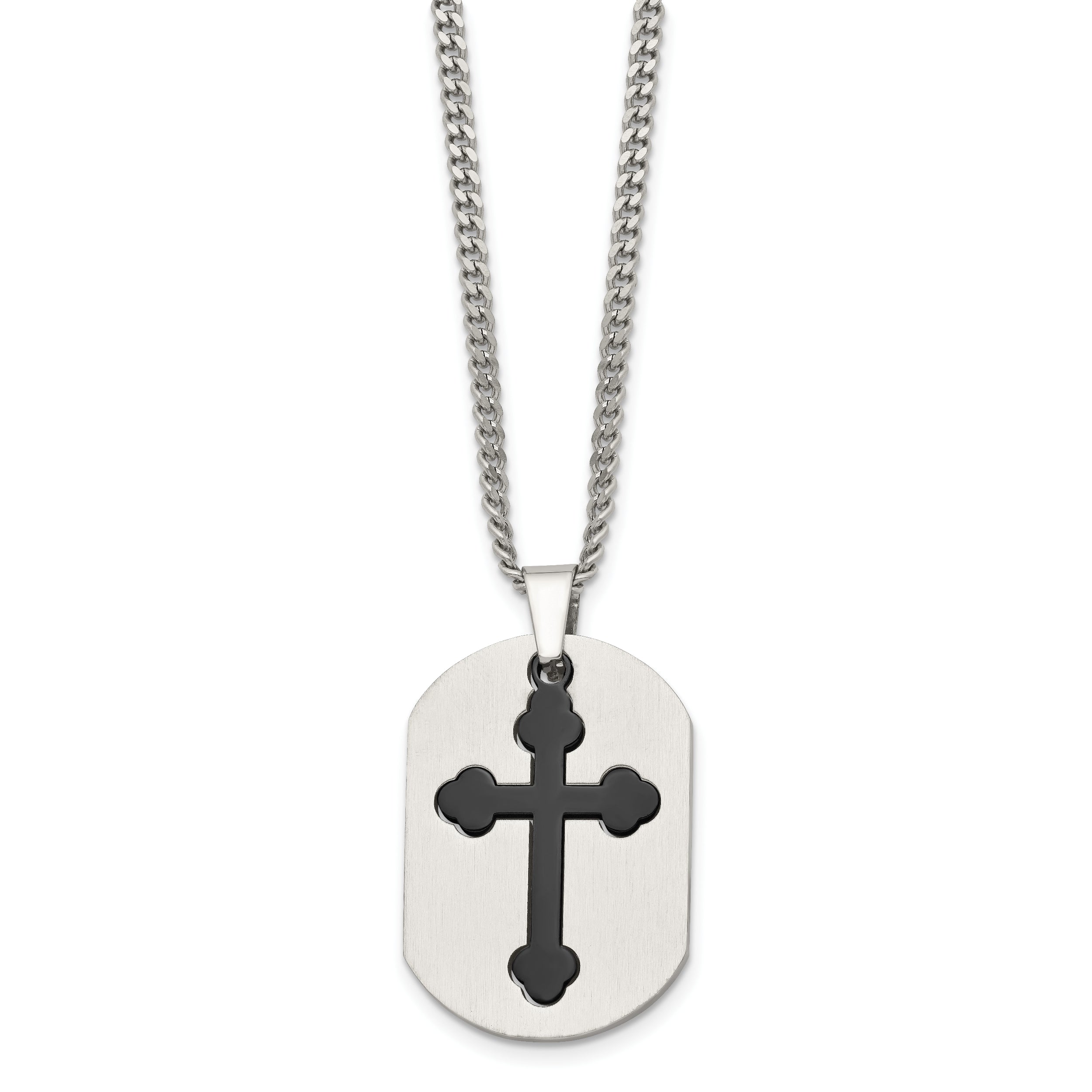 Chisel Stainless Steel Brushed and Polished Black IP-plated 2 Piece Cross and Dog Tag on a 22 inch Curb Chain Necklace