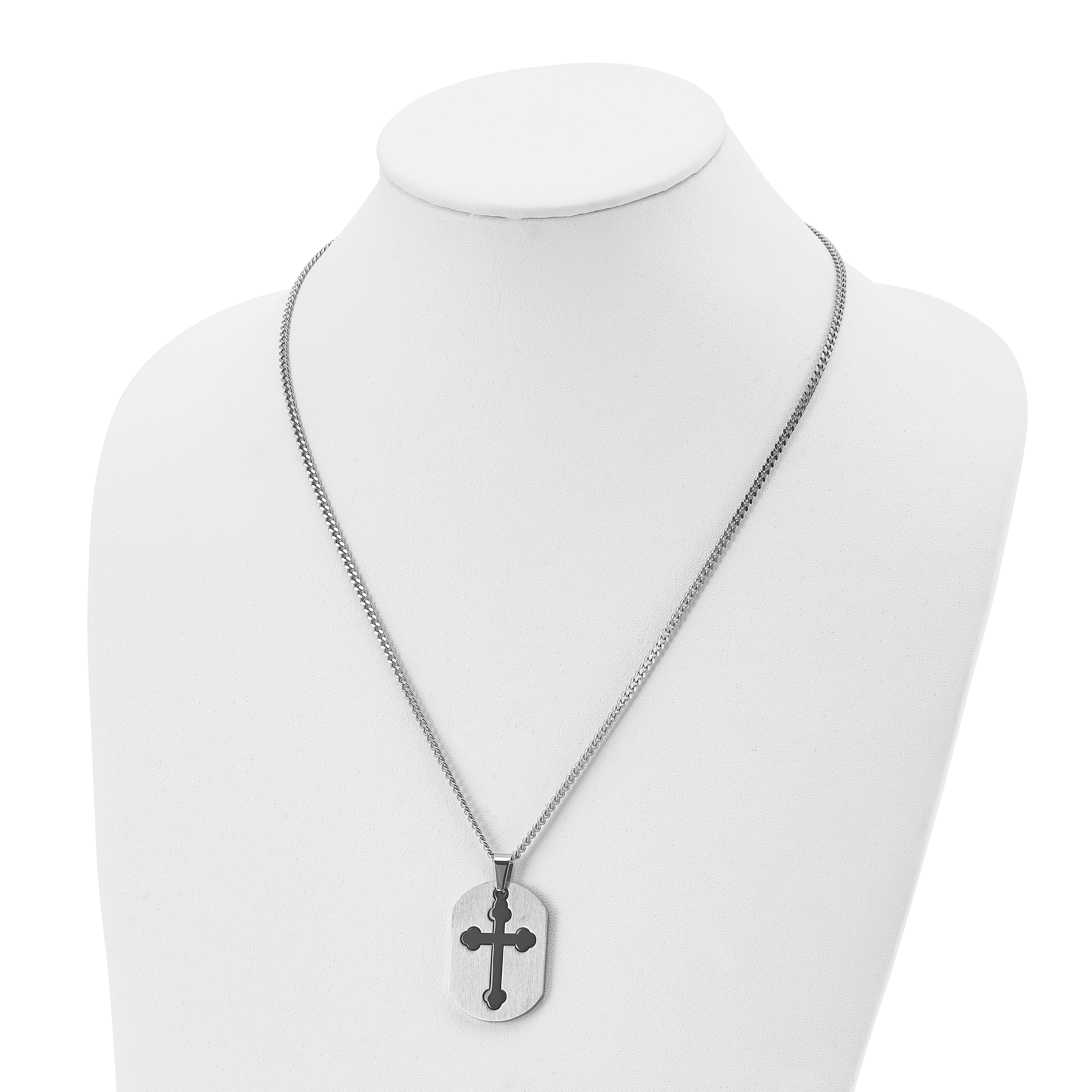 Chisel Stainless Steel Brushed and Polished Black IP-plated 2 Piece Cross and Dog Tag on a 22 inch Curb Chain Necklace