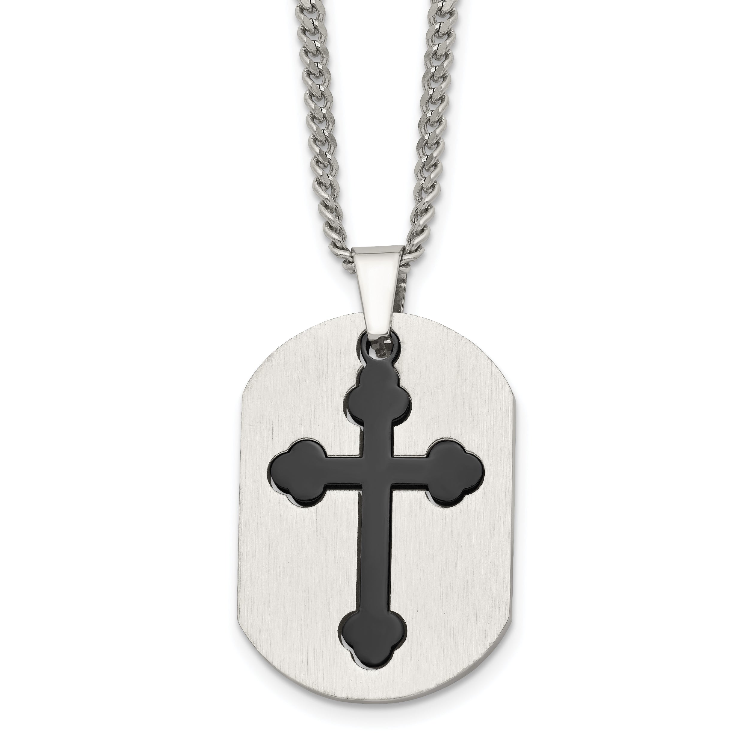 Chisel Stainless Steel Brushed and Polished Black IP-plated 2 Piece Cross and Dog Tag on a 22 inch Curb Chain Necklace