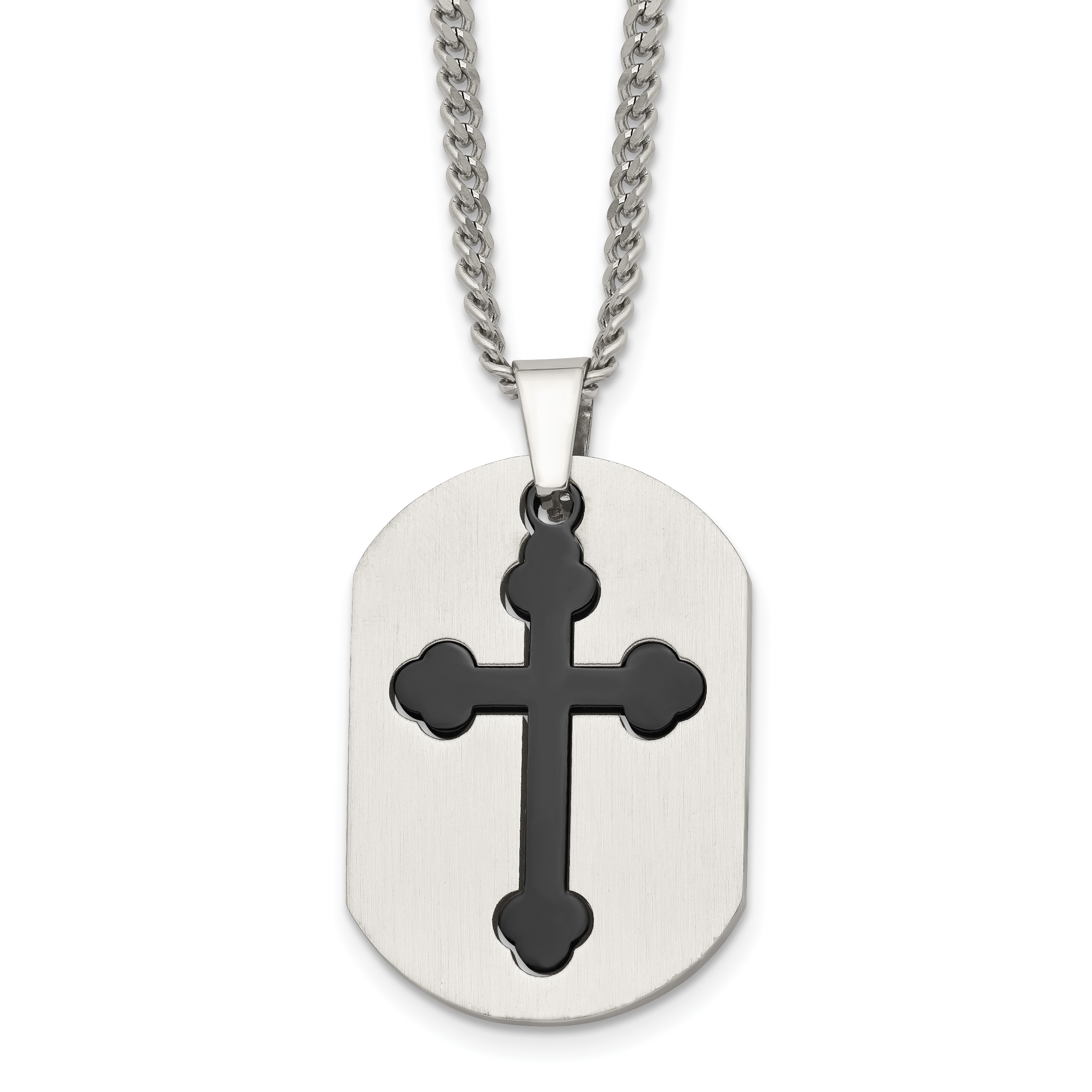 Chisel Stainless Steel Brushed and Polished Black IP-plated 2 Piece Cross and Dog Tag on a 22 inch Curb Chain Necklace Main image