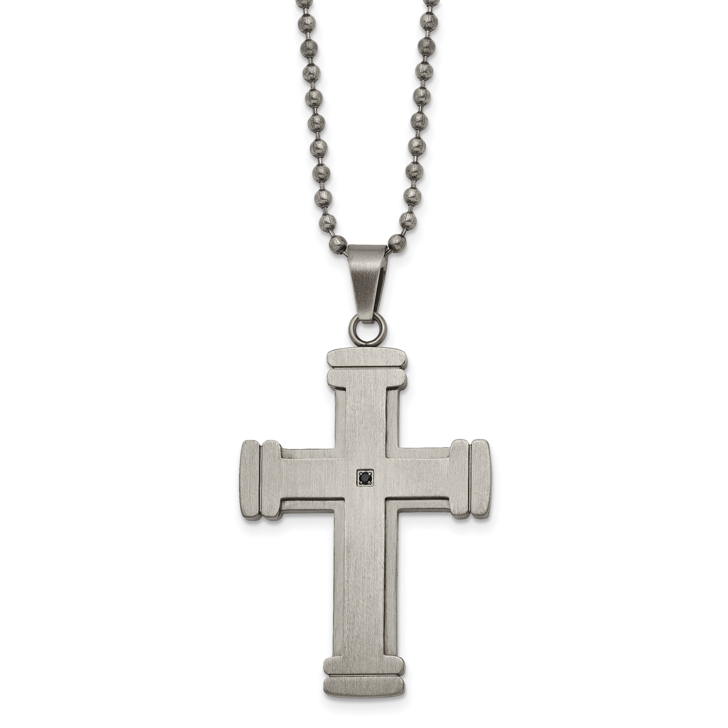Chisel Stainless Steel Antiqued Brushed and Polished with Black CZ Cross Pendant on a 22 inch Ball Chain Necklace Main image