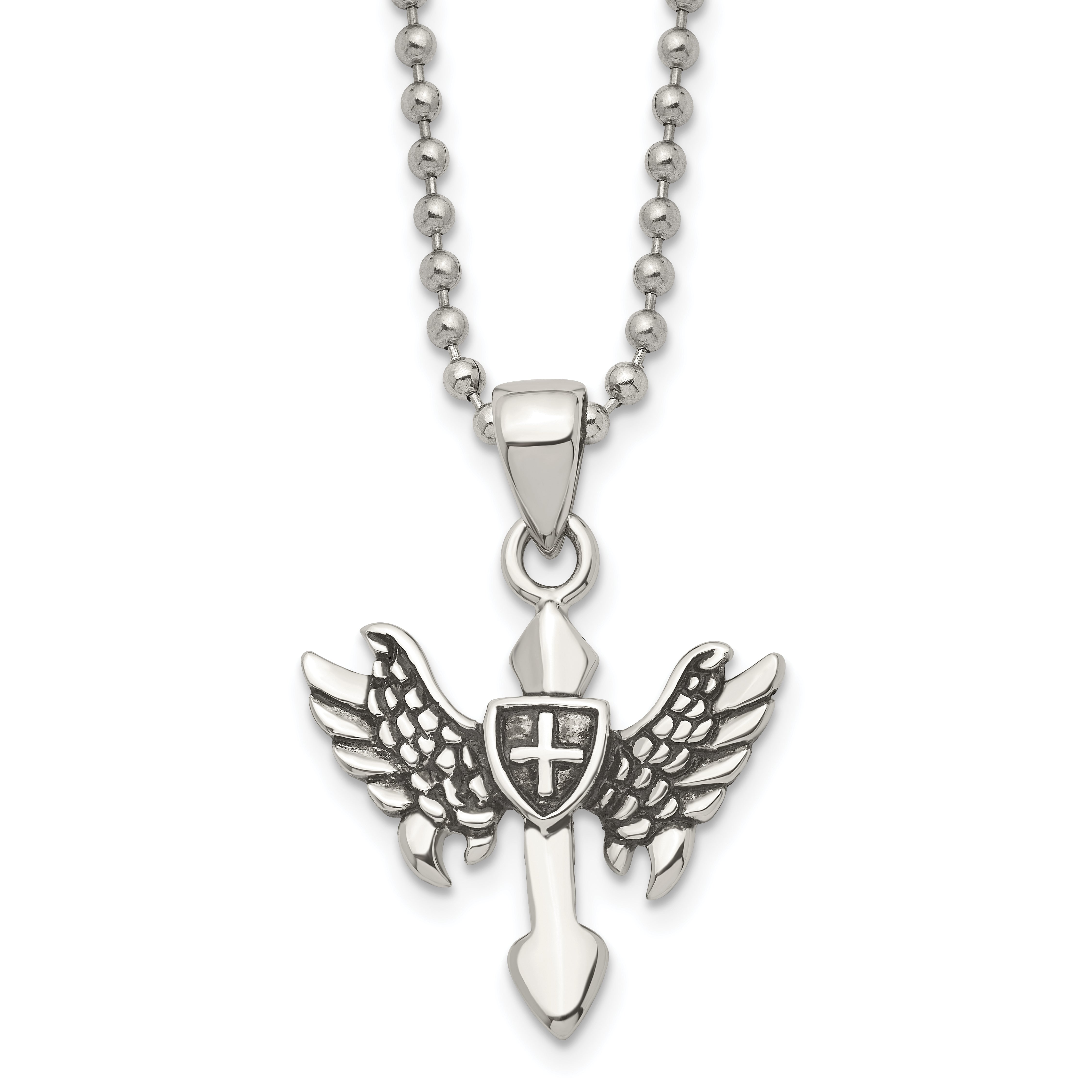 Chisel Stainless Steel Antiqued and Polished Cross with Wings Pendant on a 20 inch Ball Chain Necklace Main image
