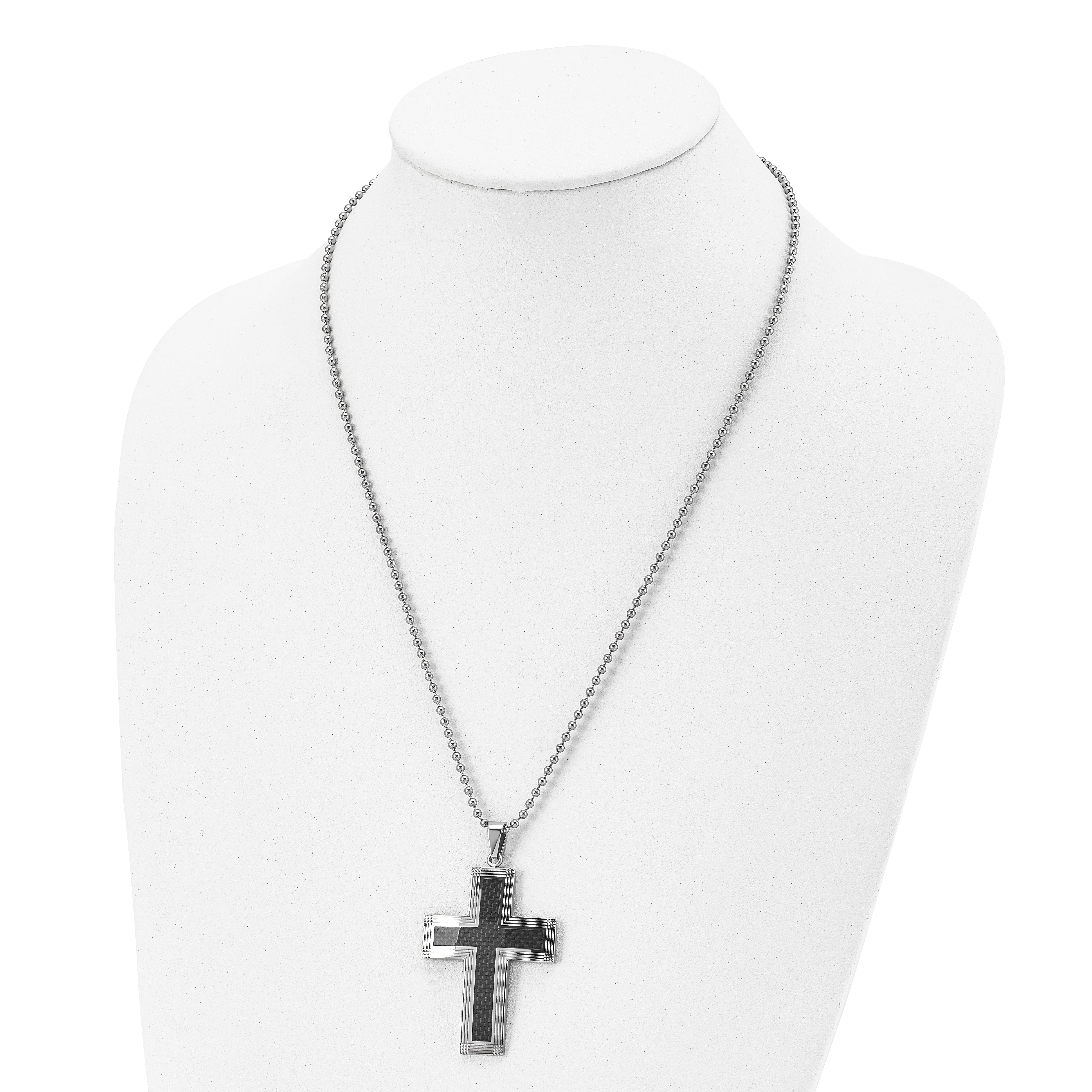 Chisel Stainless Steel Polished with Black Carbon Fiber Inlay Cross Pendant on a 22 inch Ball Chain Necklace