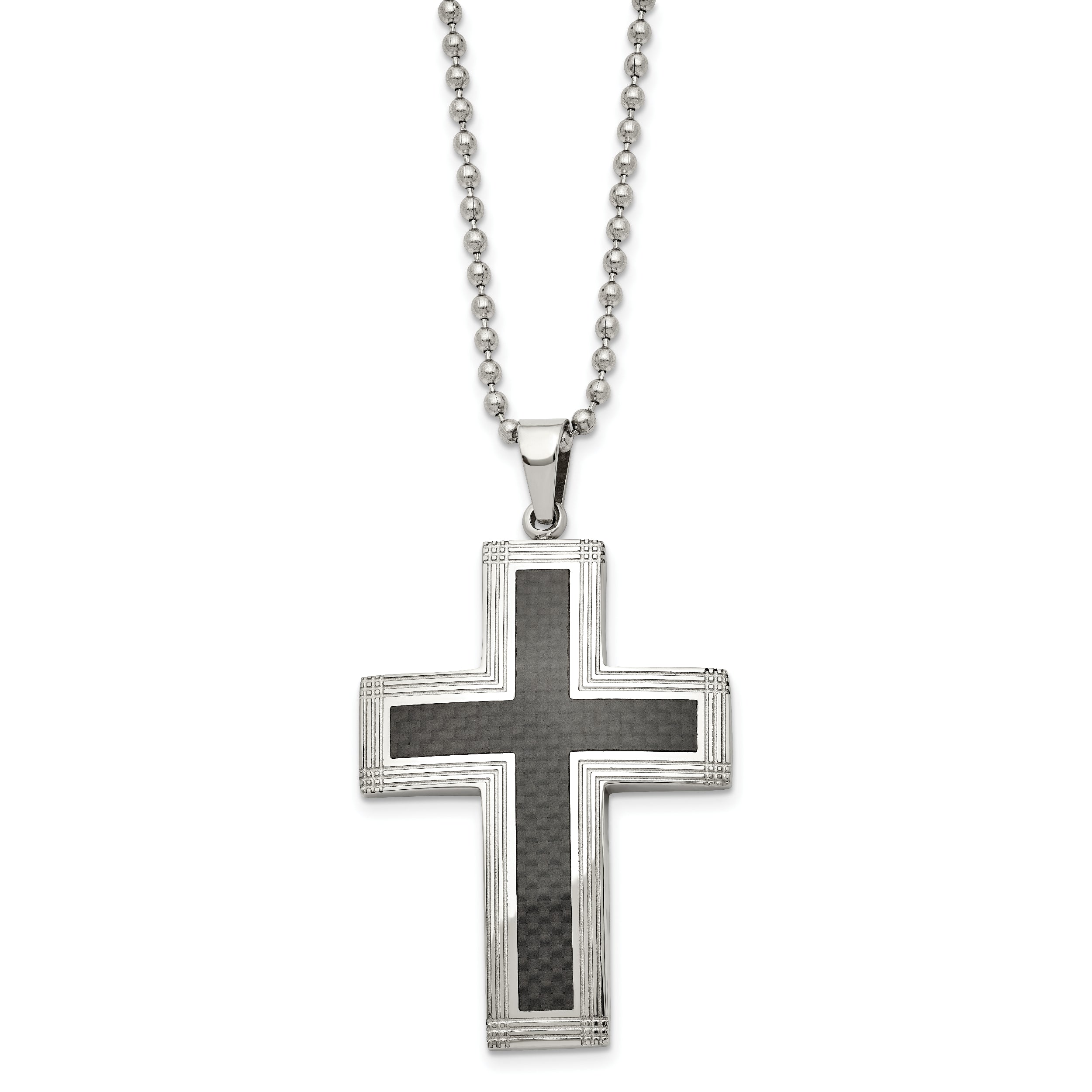 Chisel Stainless Steel Polished with Black Carbon Fiber Inlay Cross Pendant on a 22 inch Ball Chain Necklace