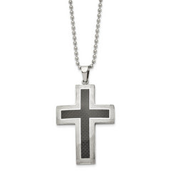Chisel Stainless Steel Polished with Black Carbon Fiber Inlay Cross Pendant on a 22 inch Ball Chain Necklace