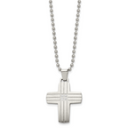 Chisel Stainless Steel Brushed and Polished with CZ Grooved Cross Pendant on a 22 inch Ball Chain Necklace