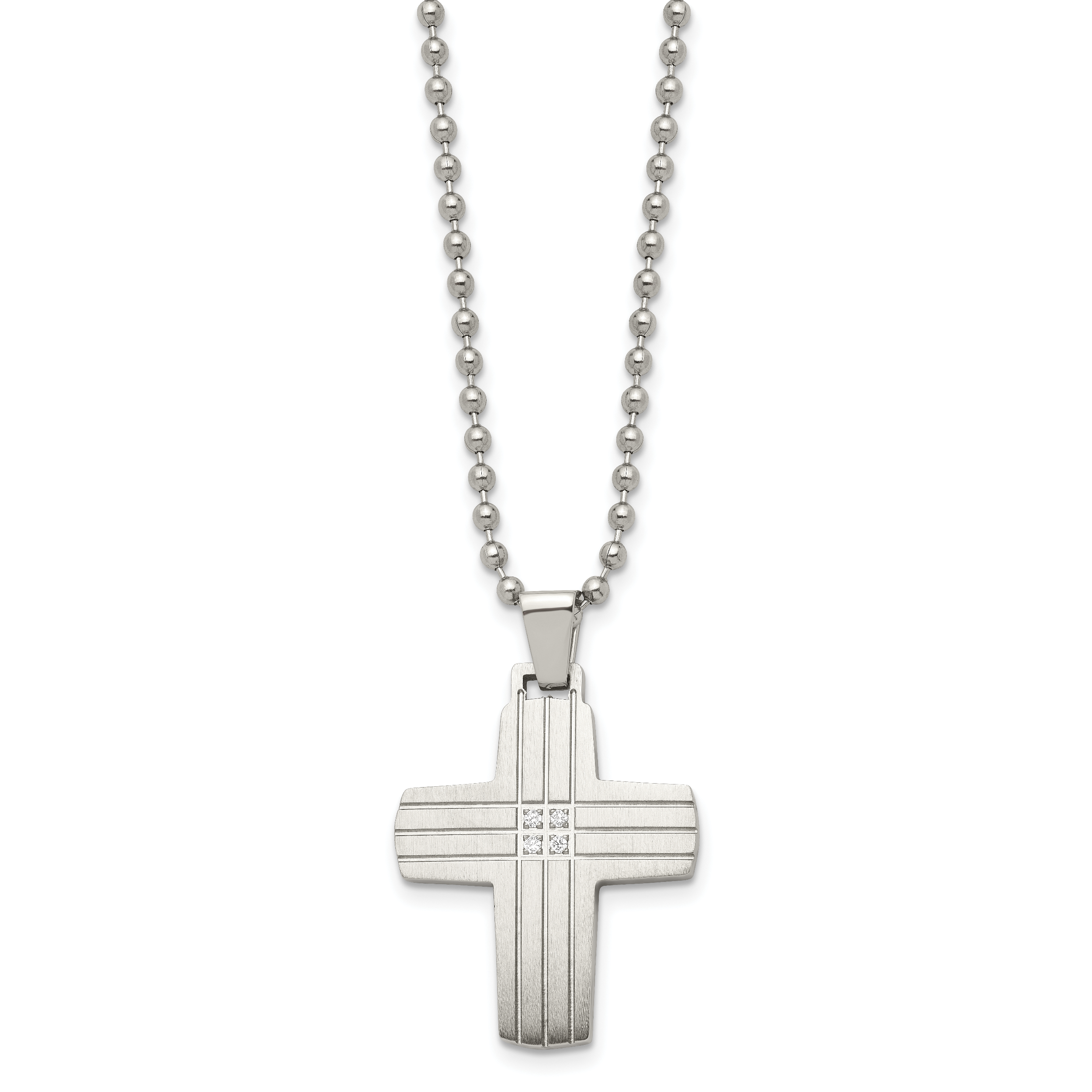 Chisel Stainless Steel Brushed and Polished with CZ Grooved Cross Pendant on a 22 inch Ball Chain Necklace