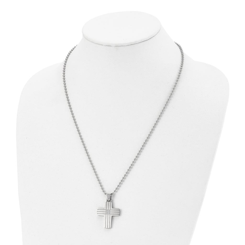 Chisel Stainless Steel Brushed and Polished with CZ Grooved Cross Pendant on a 22 inch Ball Chain Necklace