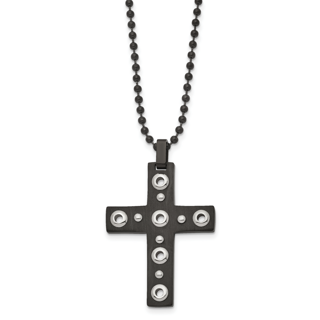 Black IP Cross Pendant Necklace in Stainless Steel, 22in