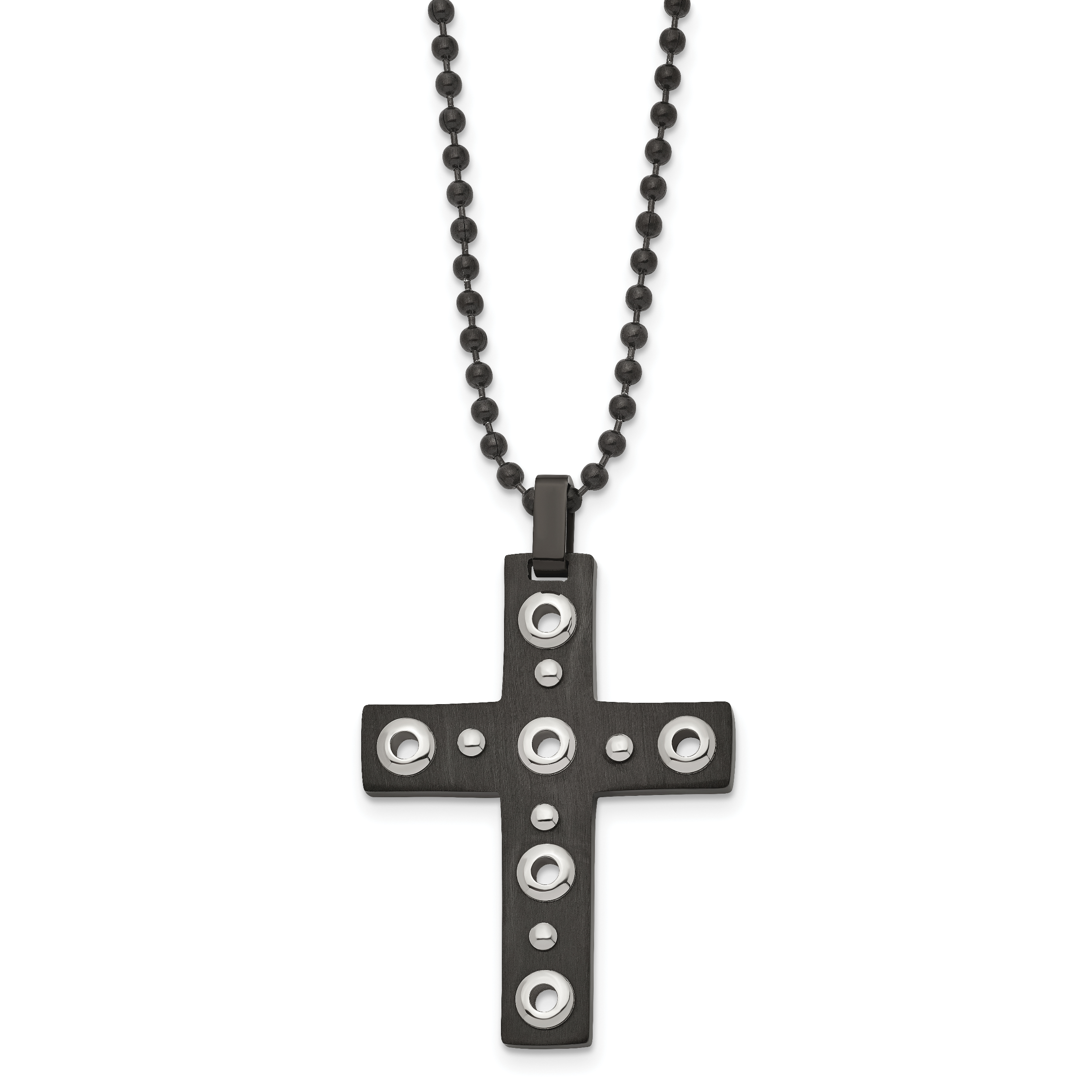 Black IP Cross Pendant Necklace in Stainless Steel, 22in