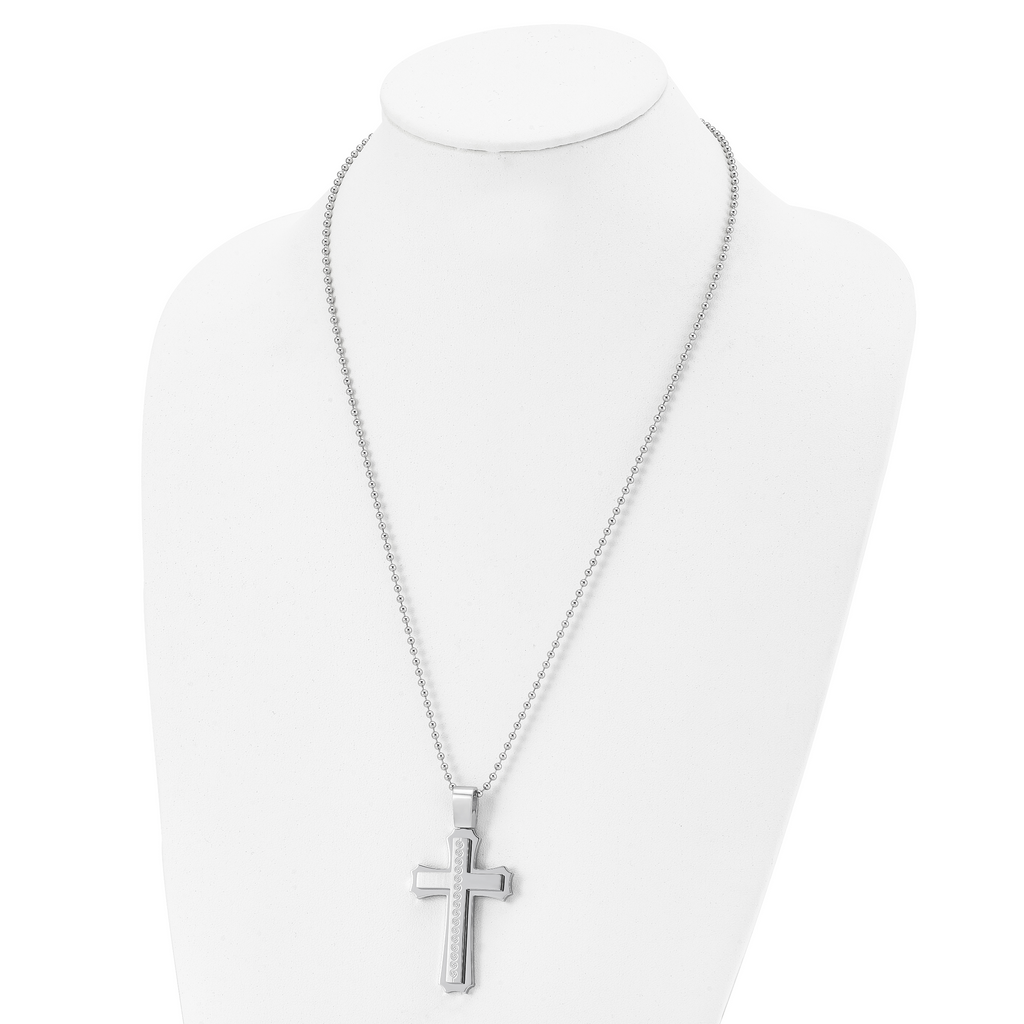 Chisel Stainless Steel Brushed and Polished Swirl Design Cross Pendant on a 24 inch Ball Chain Necklace