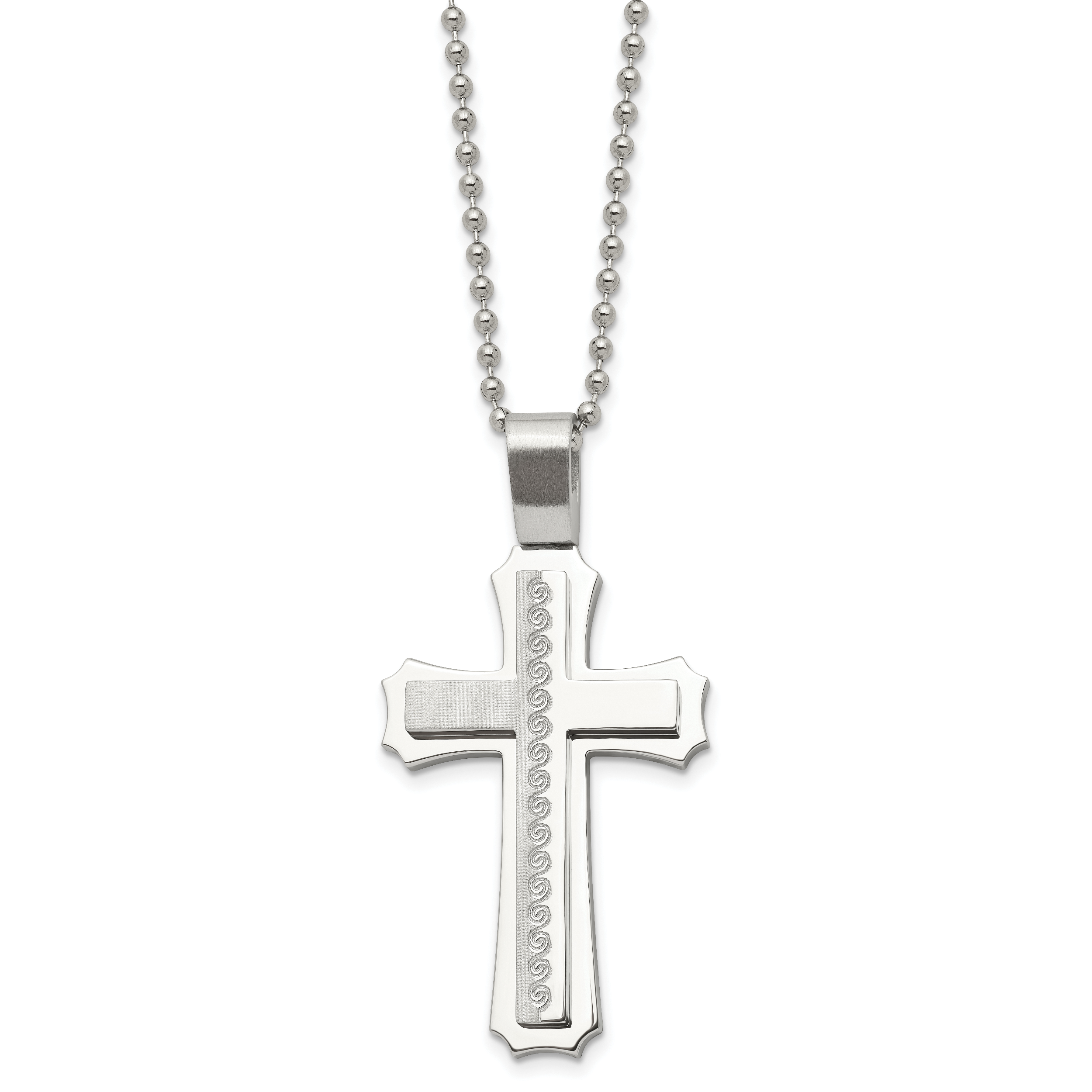 Chisel Stainless Steel Brushed and Polished Swirl Design Cross Pendant on a 24 inch Ball Chain Necklace Main image