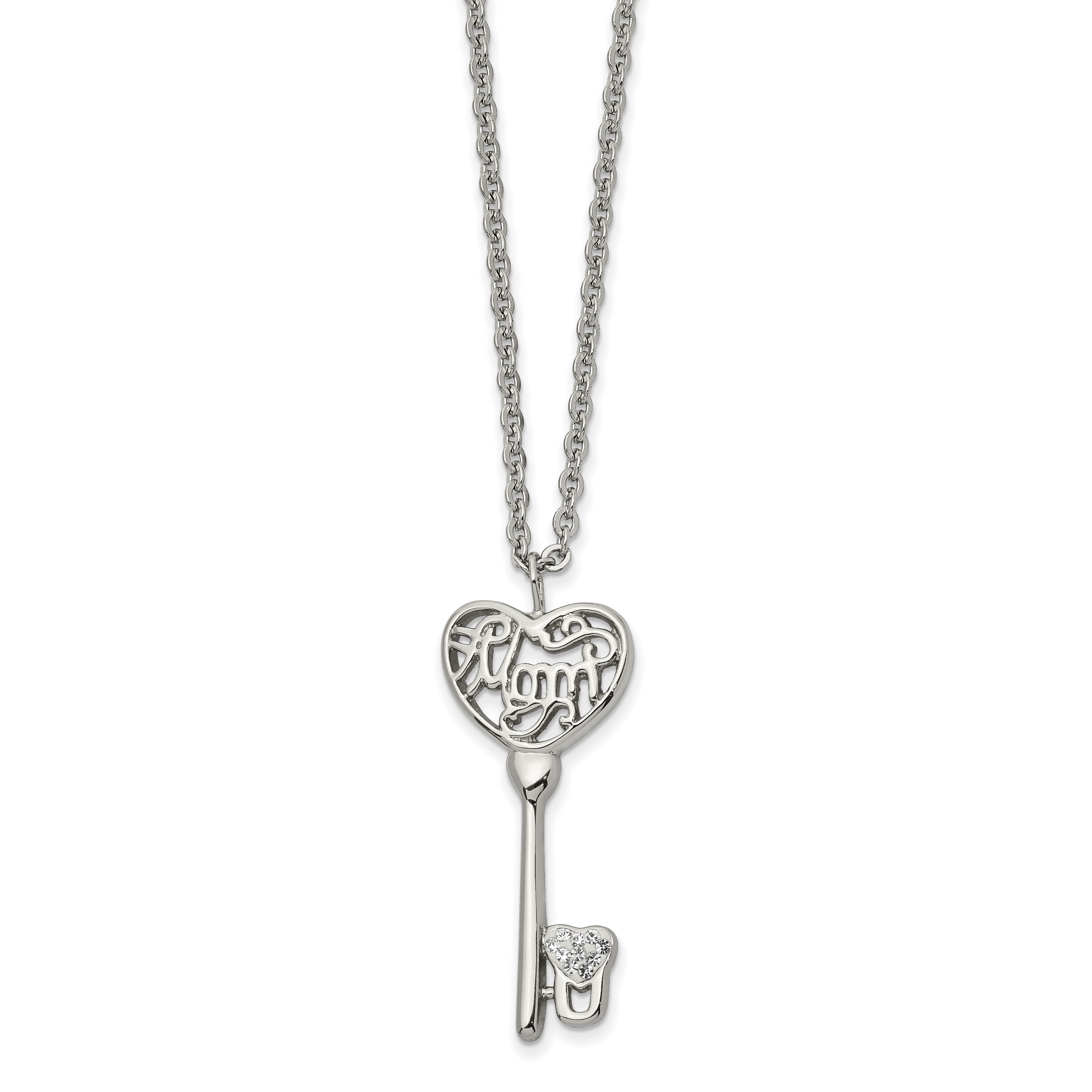 Chisel Stainless Steel Polished Clear Crystal Mom Heart Key Pendant on a 20 inch Cable Chain Necklace Main image