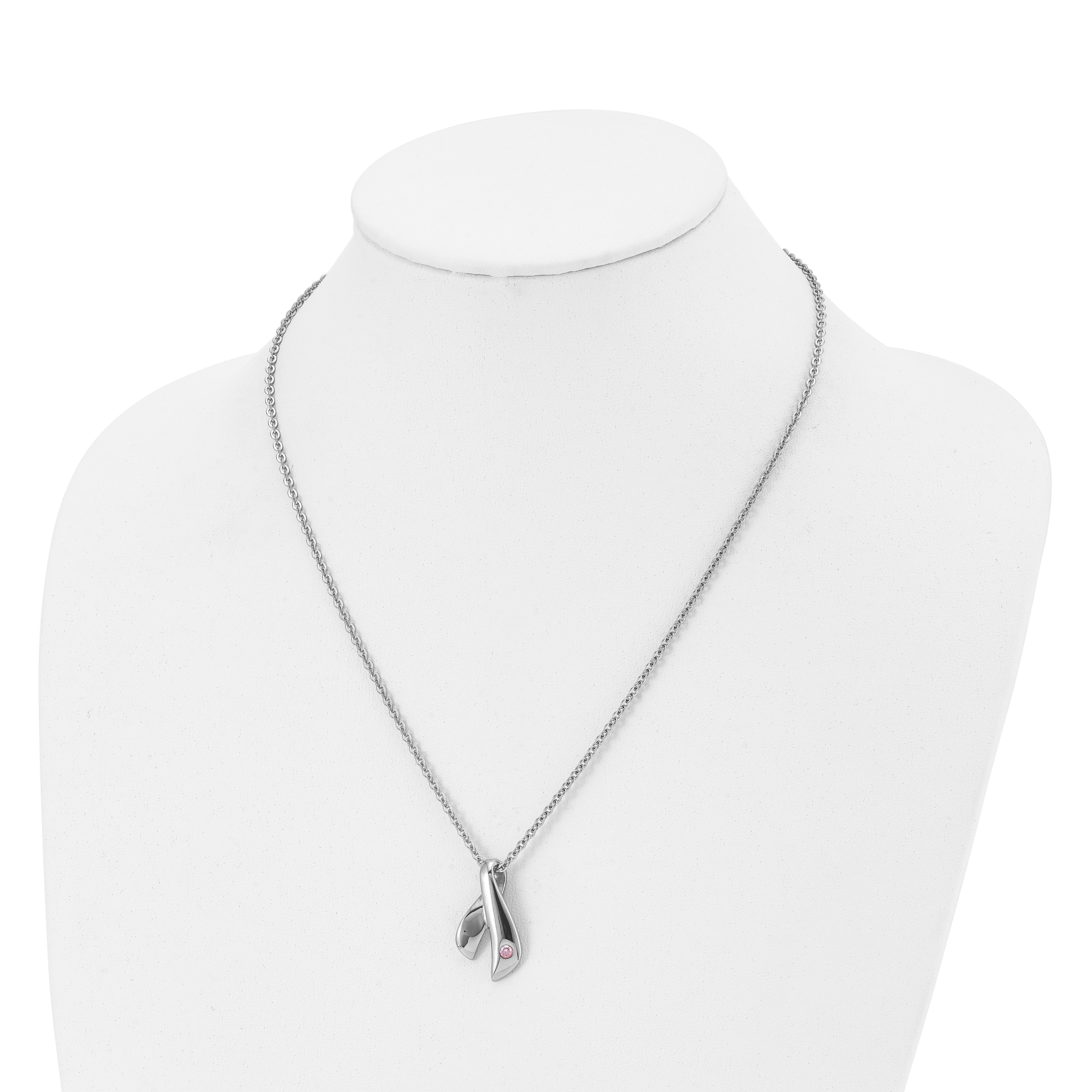 Stainless Steel Polished w/Pink Awareness CZ 20in Necklace