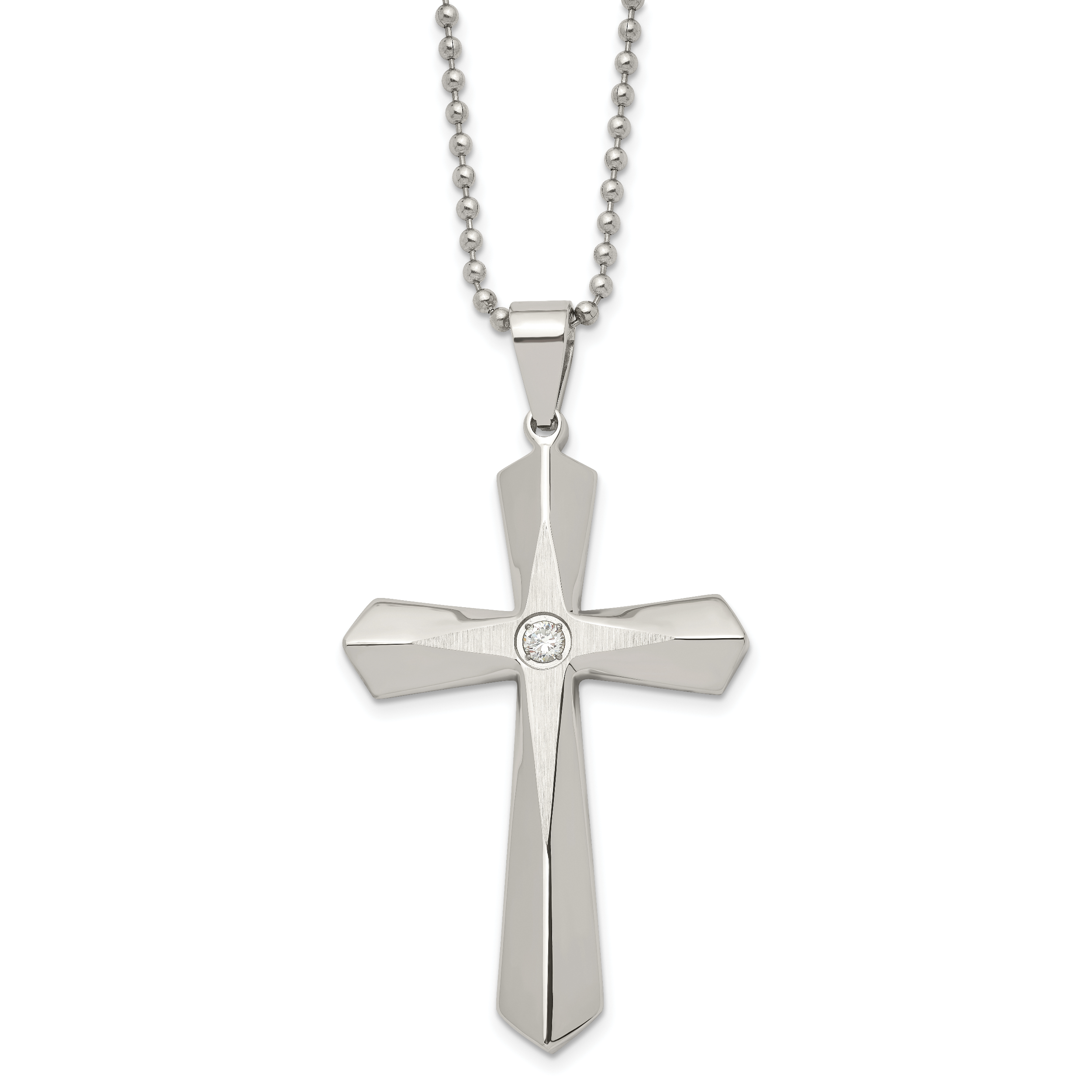 Chisel Stainless Steel Brushed and Polished with CZ Cross Pendant on a 24 inch Ball Chain Necklace Main image