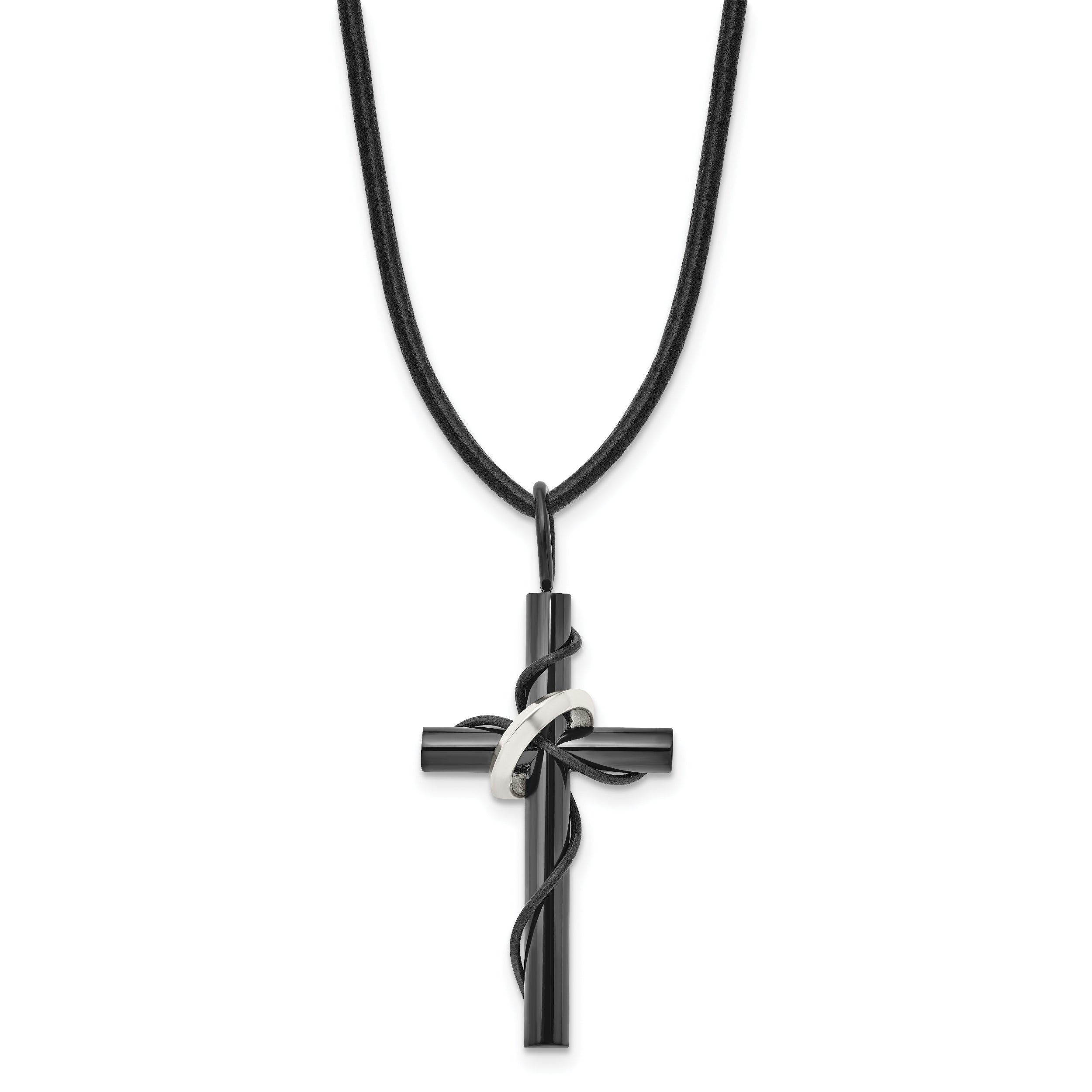 Chisel Stainless Steel Polished Black IP-plated Cross with Ring on a 20.5 inch Leather Cord Necklace