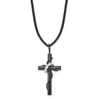 Chisel Stainless Steel Polished Black IP-plated Cross with Ring on a 20.5 inch Leather Cord Necklace