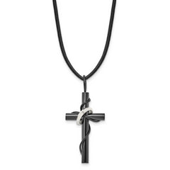 Chisel Stainless Steel Polished Black IP-plated Cross with Ring on a 20.5 inch Leather Cord Necklace