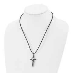 Chisel Stainless Steel Polished Black IP-plated Cross with Ring on a 20.5 inch Leather Cord Necklace