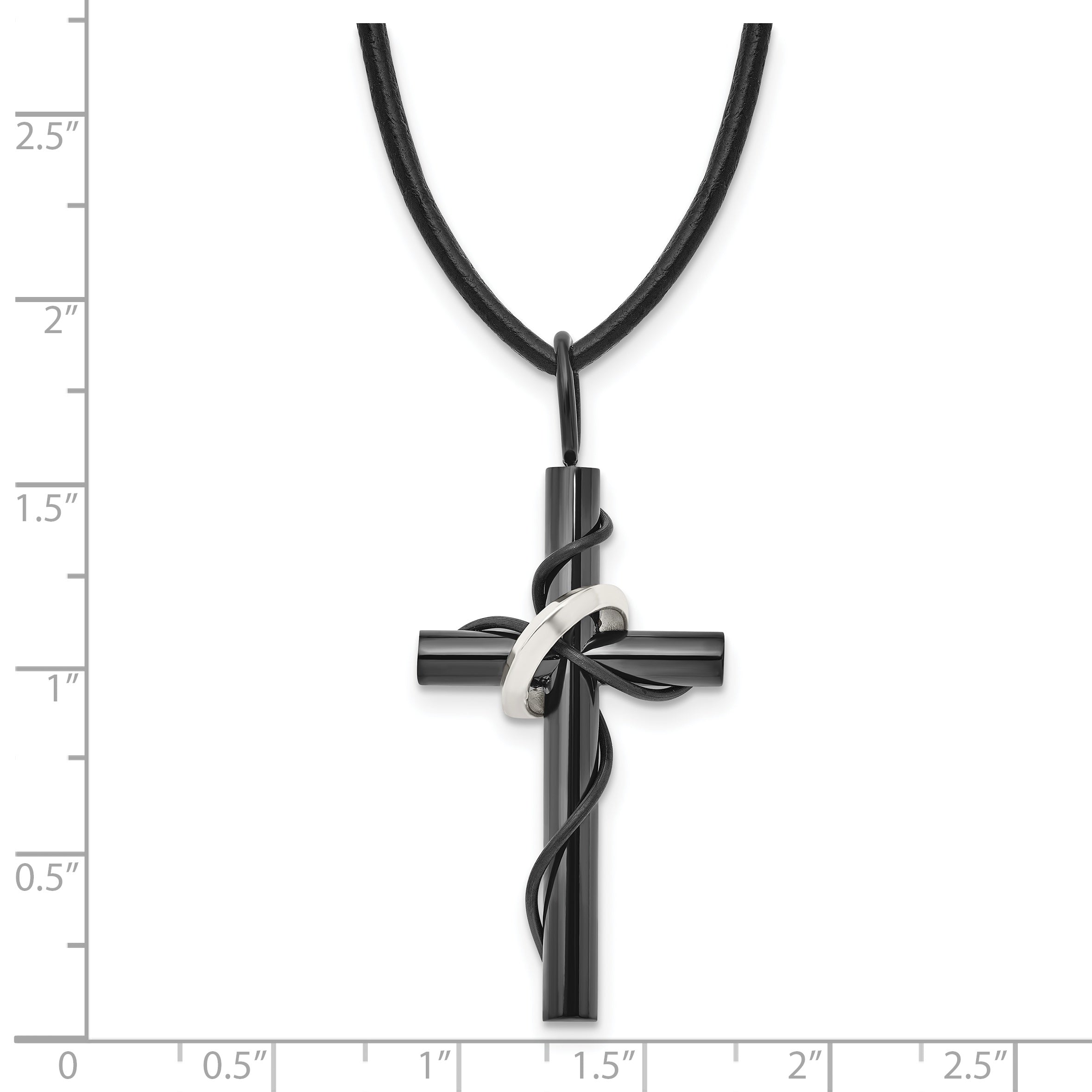 Chisel Stainless Steel Polished Black IP-plated Cross with Ring on a 20.5 inch Leather Cord Necklace