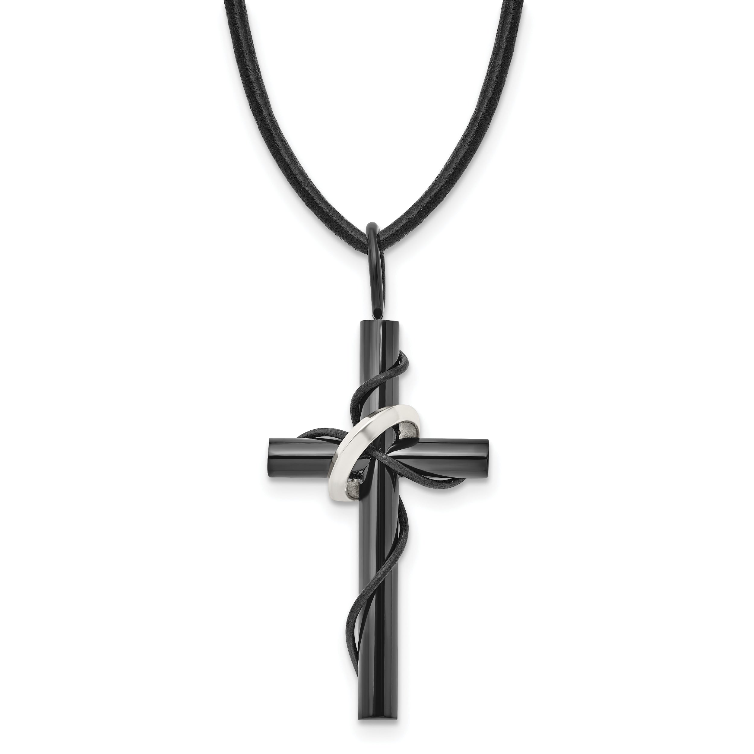 Chisel Stainless Steel Polished Black IP-plated Cross with Ring on a 20.5 inch Leather Cord Necklace