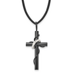 Chisel Stainless Steel Polished Black IP-plated Cross with Ring on a 20.5 inch Leather Cord Necklace