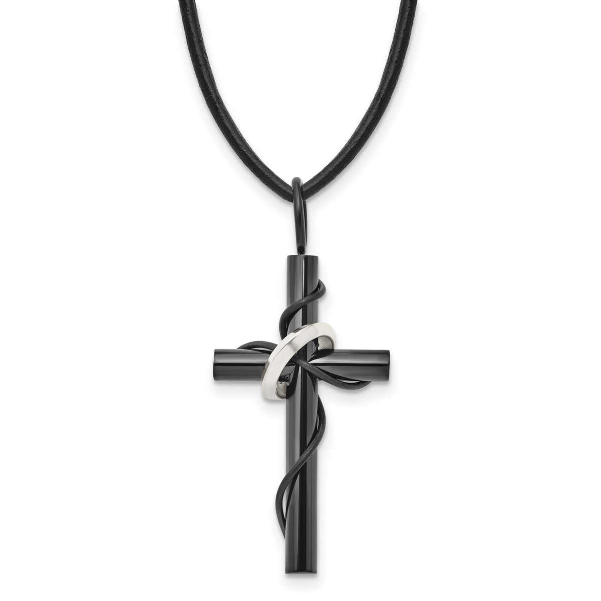 Chisel Stainless Steel Polished Black IP-plated Cross with Ring on a 20.5 inch Leather Cord Necklace