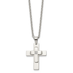 Chisel Stainless Steel Polished with CZ Cross Pendant on a 22 inch Cable Chain Necklace
