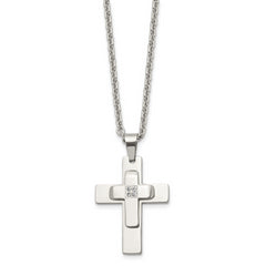 Chisel Stainless Steel Polished with CZ Cross Pendant on a 22 inch Cable Chain Necklace