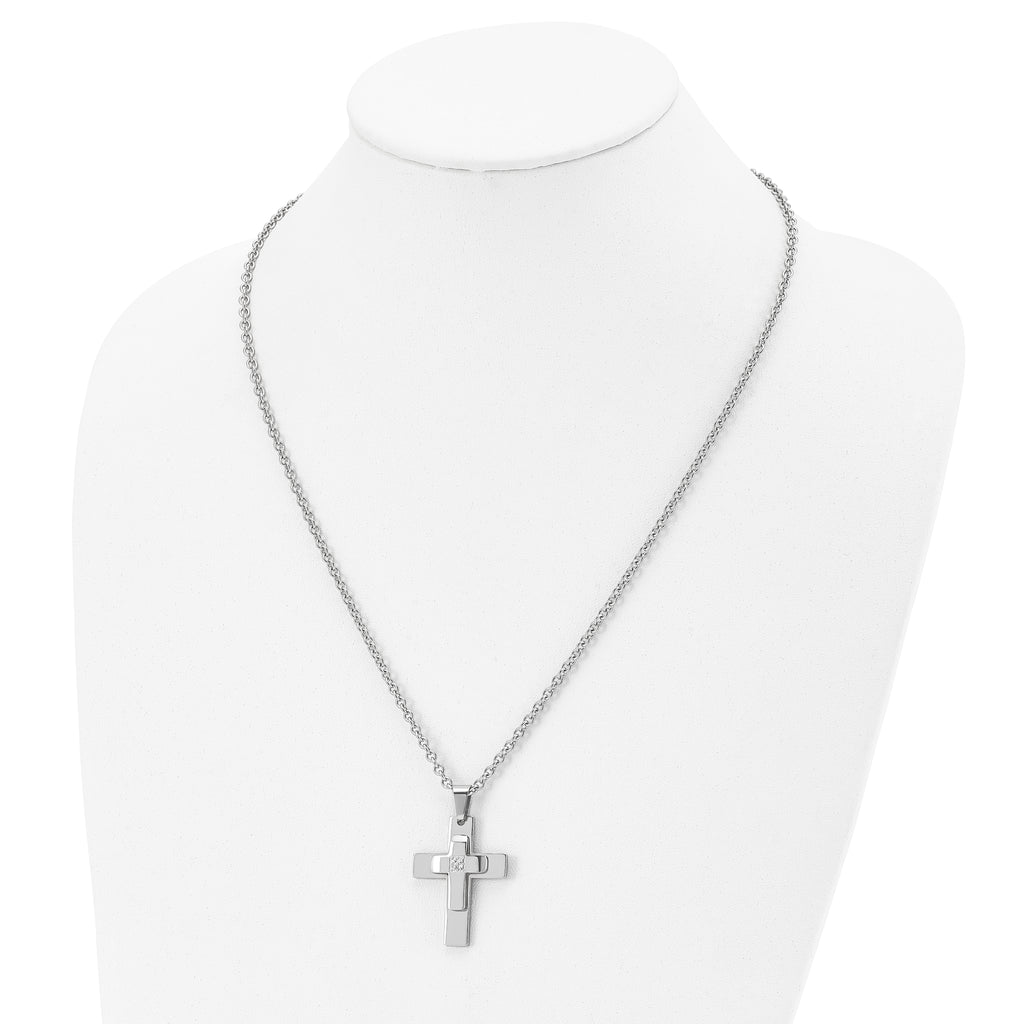 Chisel Stainless Steel Polished with CZ Cross Pendant on a 22 inch Cable Chain Necklace