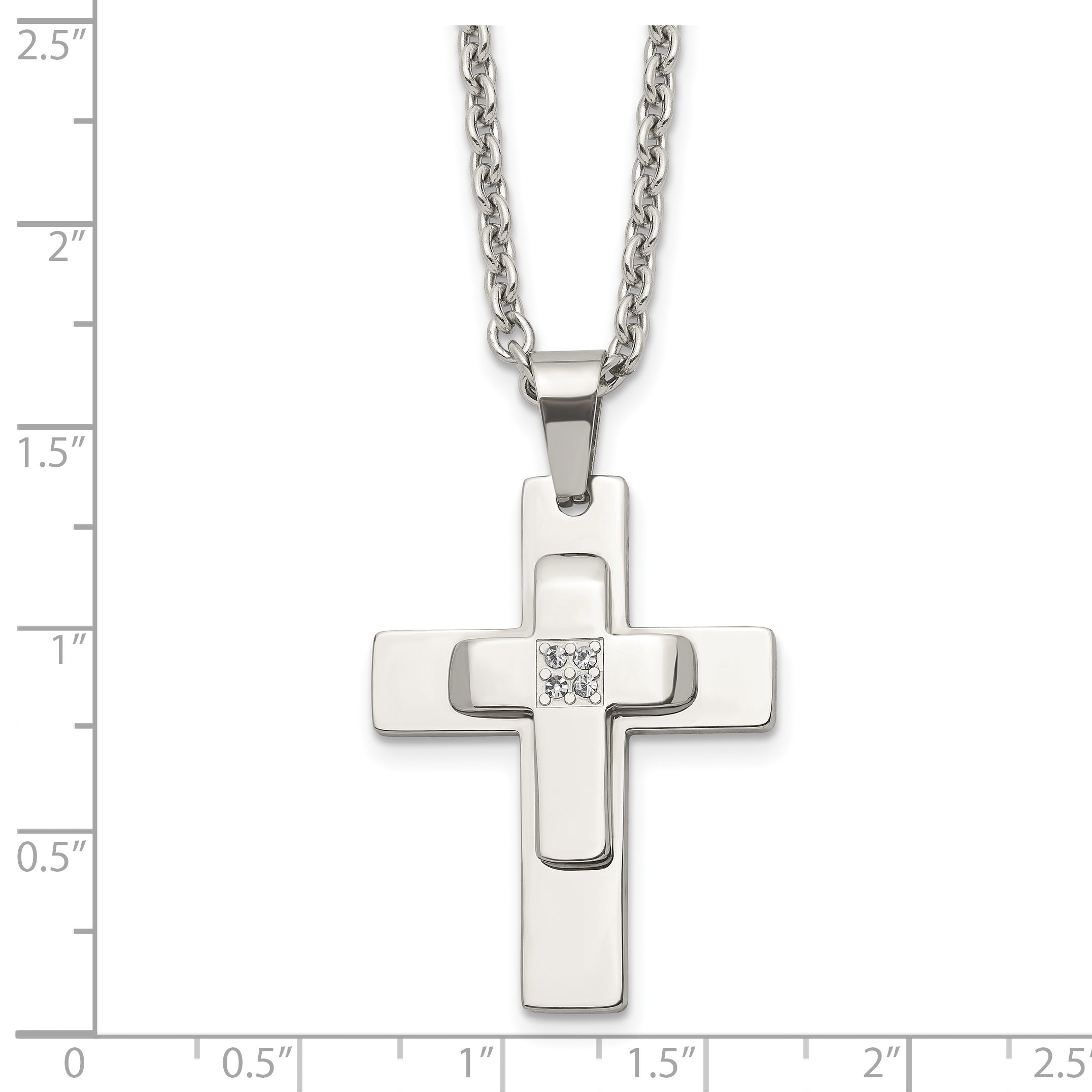 Chisel Stainless Steel Polished with CZ Cross Pendant on a 22 inch Cable Chain Necklace
