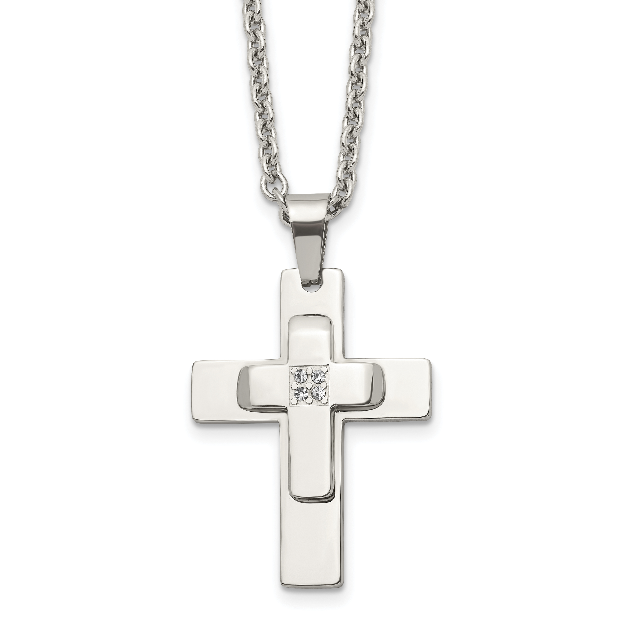 Chisel Stainless Steel Polished with CZ Cross Pendant on a 22 inch Cable Chain Necklace Main image