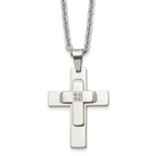 Chisel Stainless Steel Polished with CZ Cross Pendant on a 22 inch Cable Chain Necklace