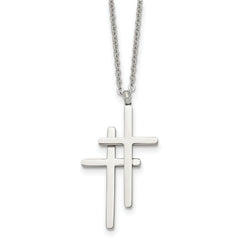 Stainless Steel Polished Double Cross 18in Necklace