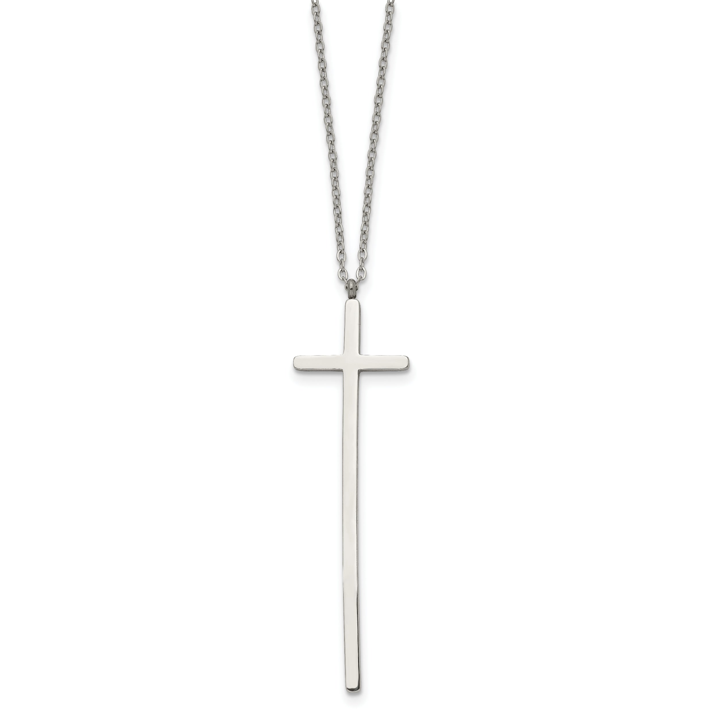 Chisel Stainless Steel Polished Long Cross Pendant on a 30 inch Cable Chain Necklace