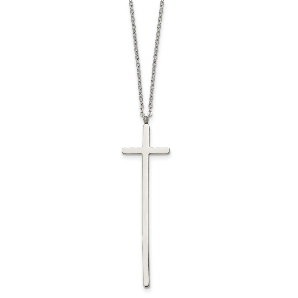 Chisel Stainless Steel Polished Long Cross Pendant on a 30 inch Cable Chain Necklace