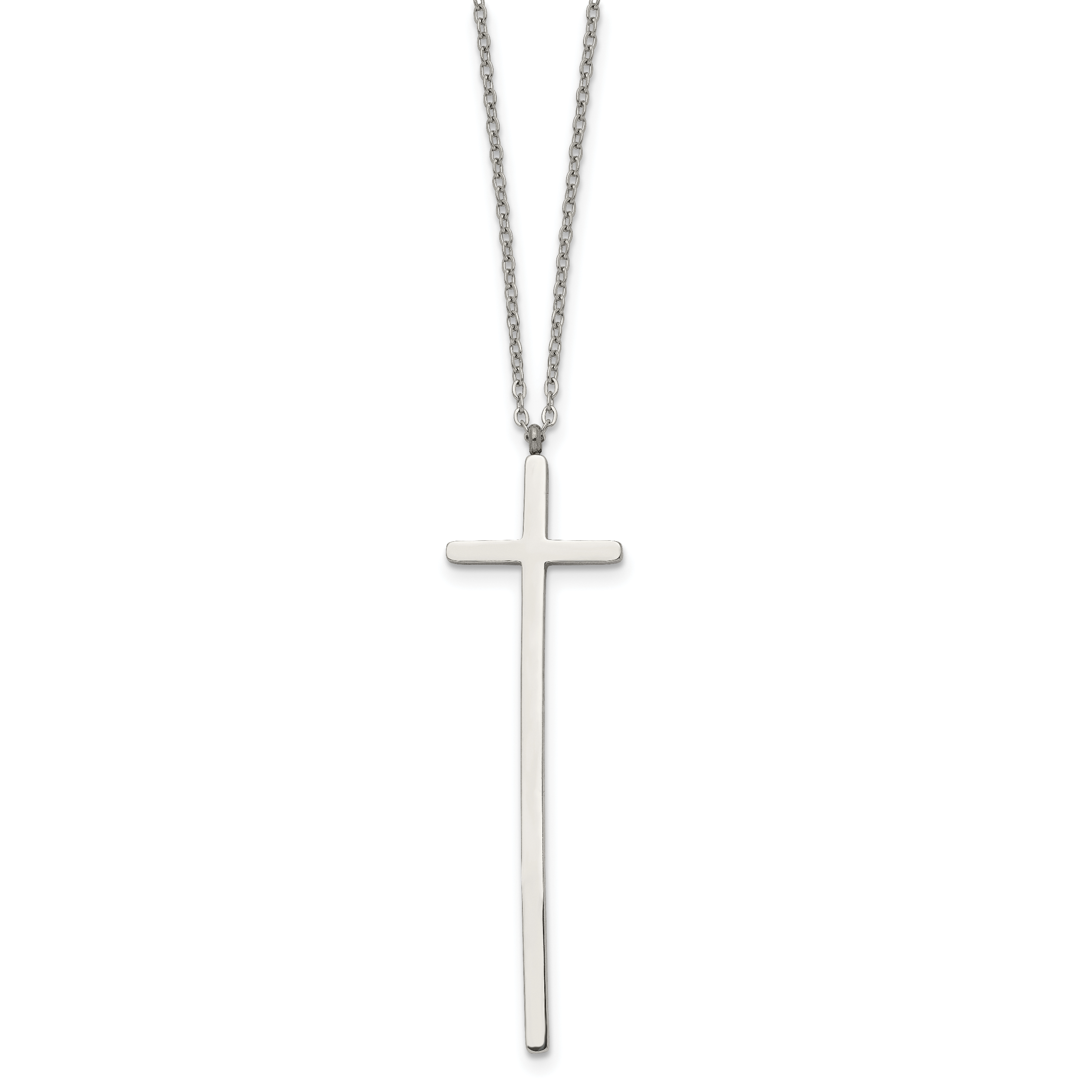 Chisel Stainless Steel Polished Long Cross Pendant on a 30 inch Cable Chain Necklace