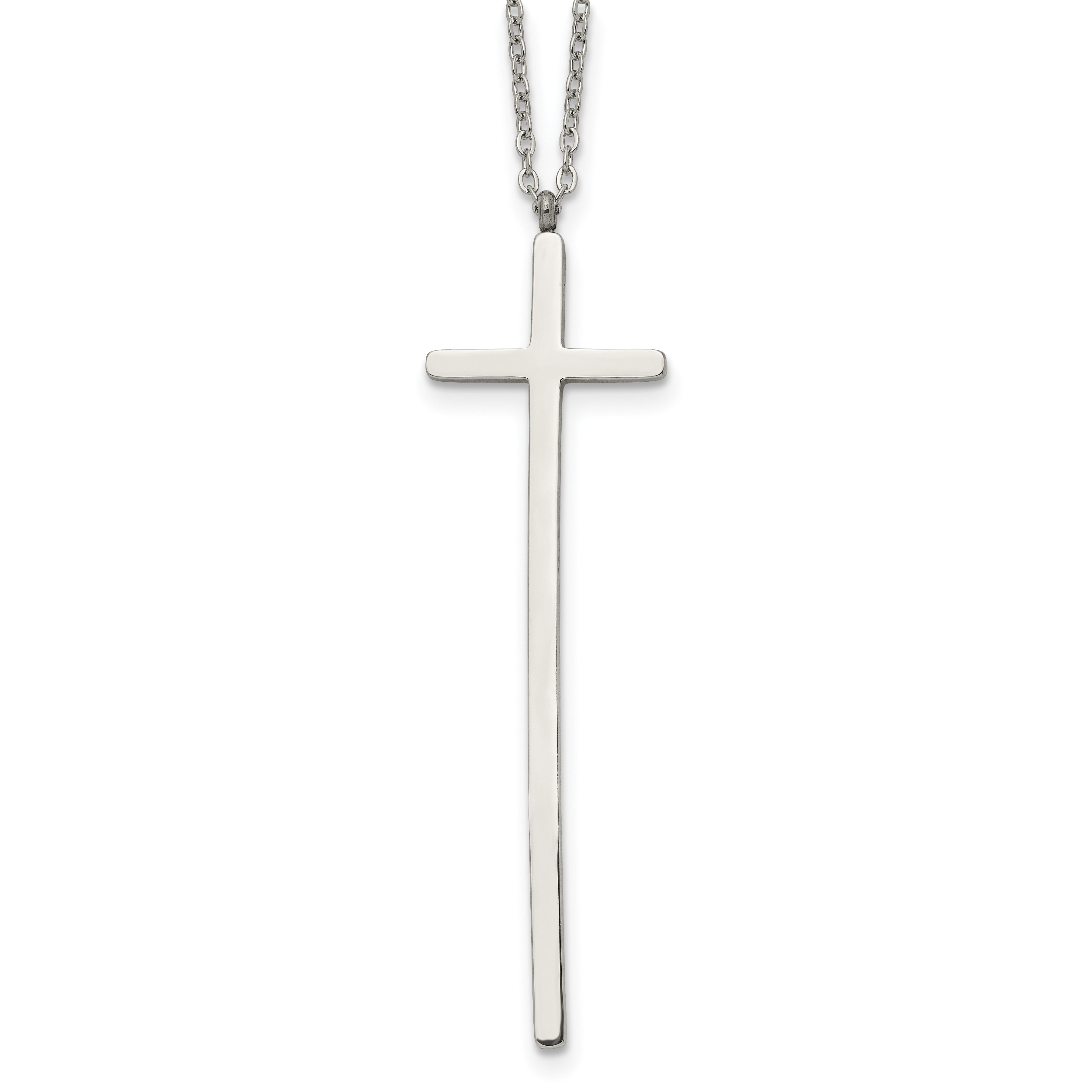 Chisel Stainless Steel Polished Long Cross Pendant on a 30 inch Cable Chain Necklace Main image