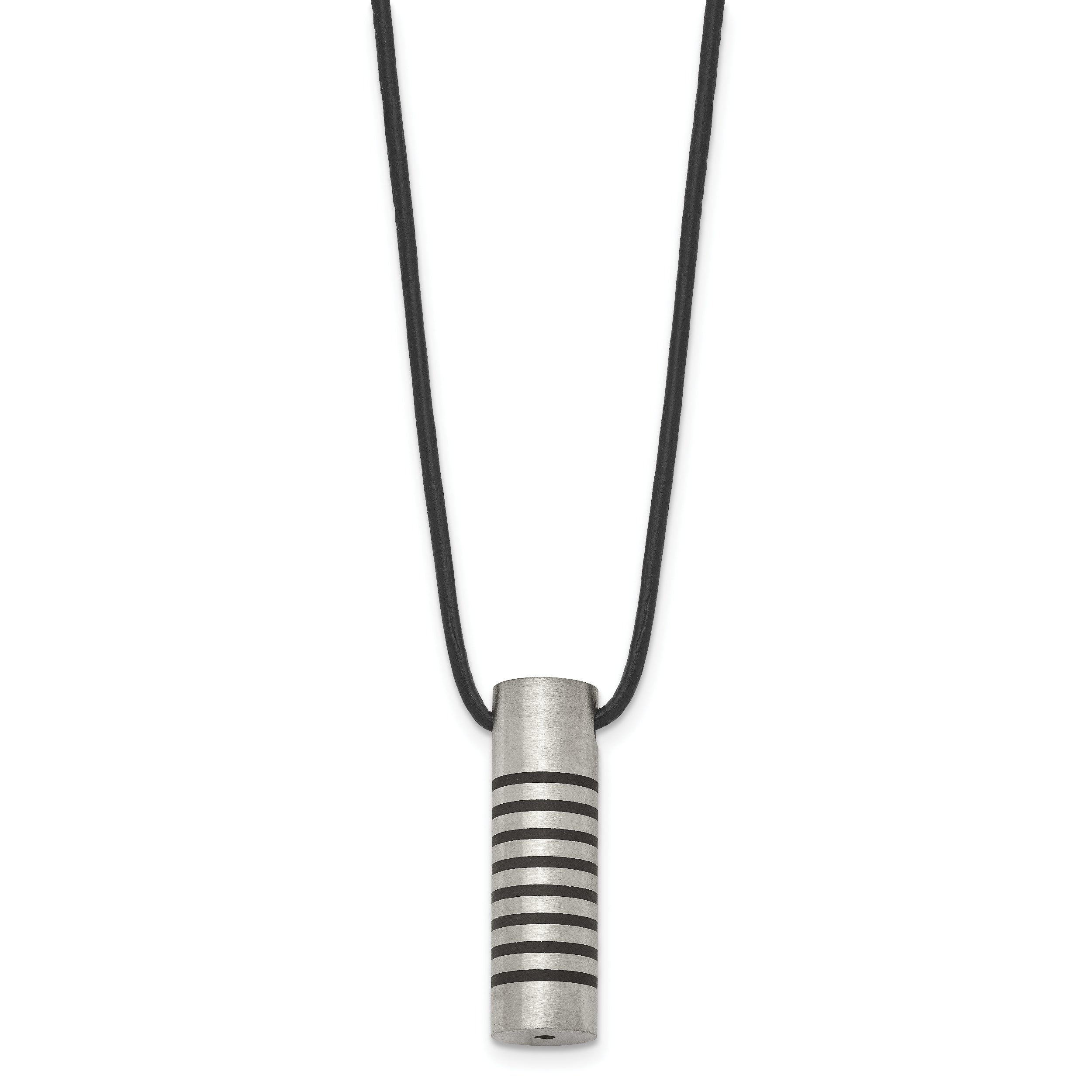 Chisel Stainless Steel Brushed and Polished with Black Rubber Cylinder on an 18 inch Leather Cord Necklace