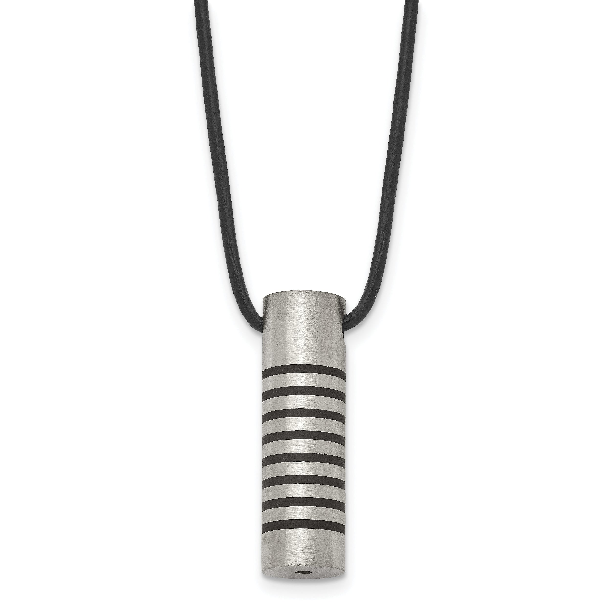 Chisel Stainless Steel Brushed and Polished with Black Rubber Cylinder on an 18 inch Leather Cord Necklace