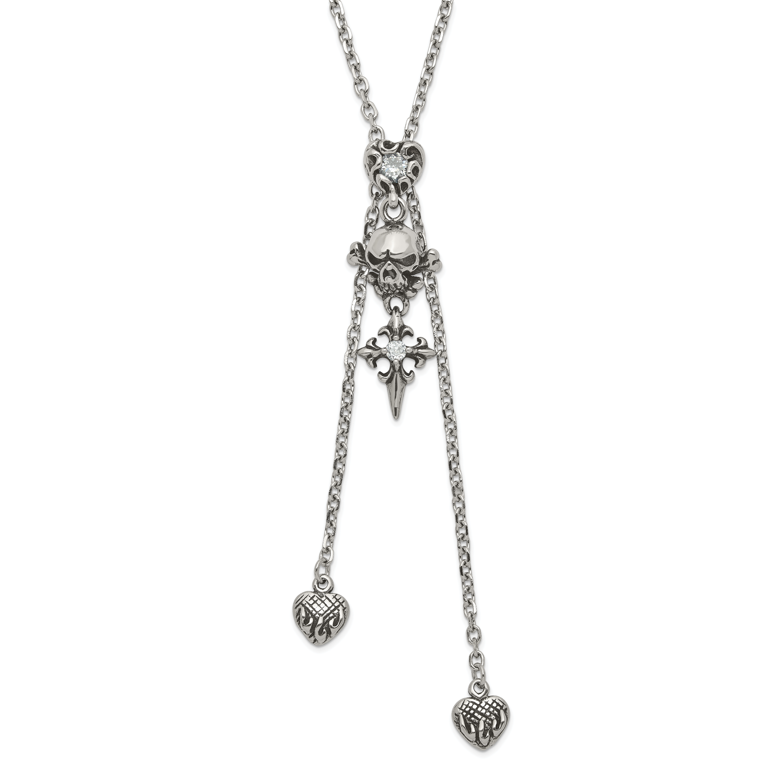 Stainless Steel Antiqued & Polished CZ Heart Skull & Cross Adjustable Necklace Main image
