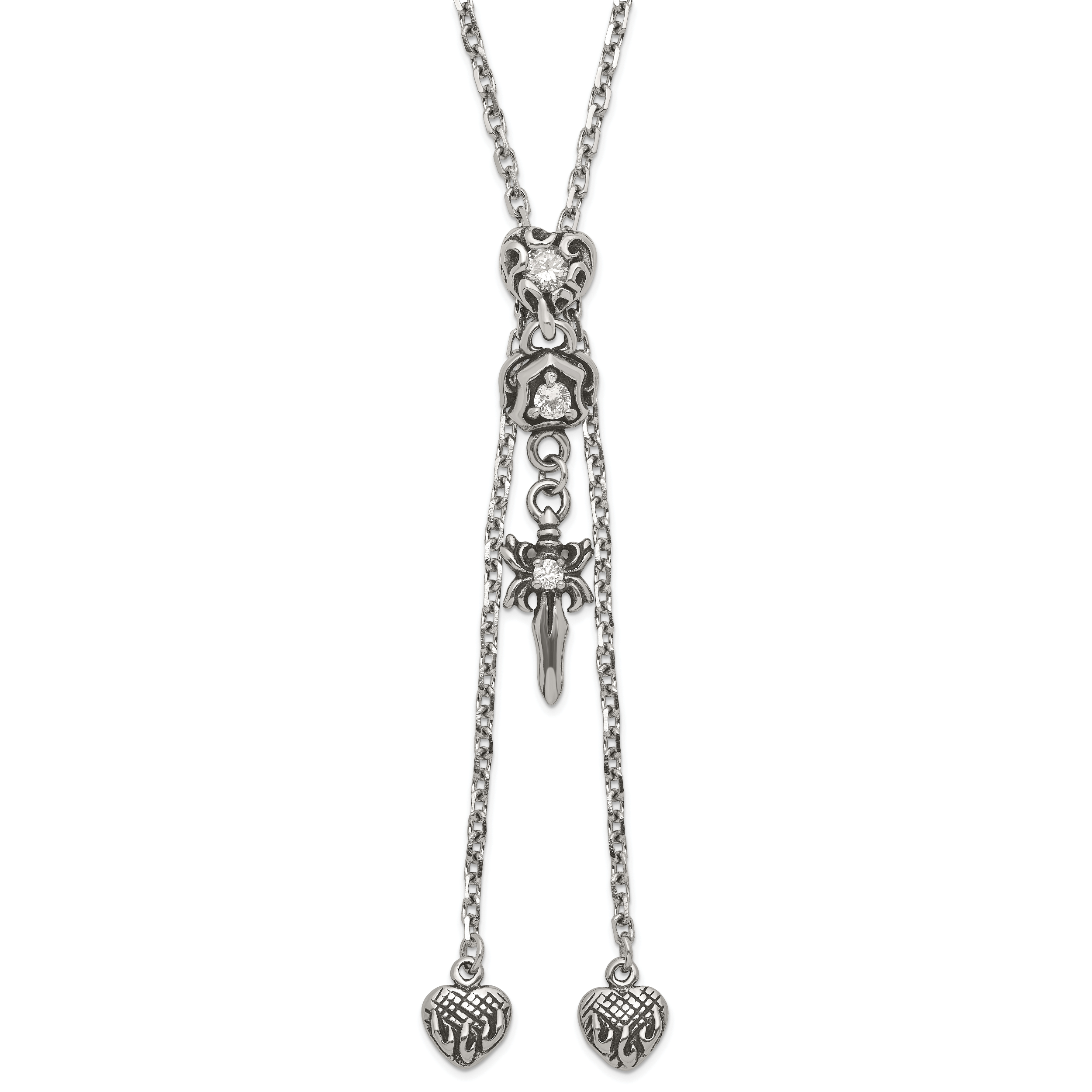 Stainless Steel Polished & Antiqued CZ Gothic Hearts & Sword Adjustable Necklace Main image