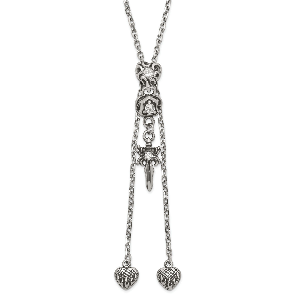 Stainless Steel Polished & Antiqued CZ Gothic Hearts & Sword Adjustable Necklace