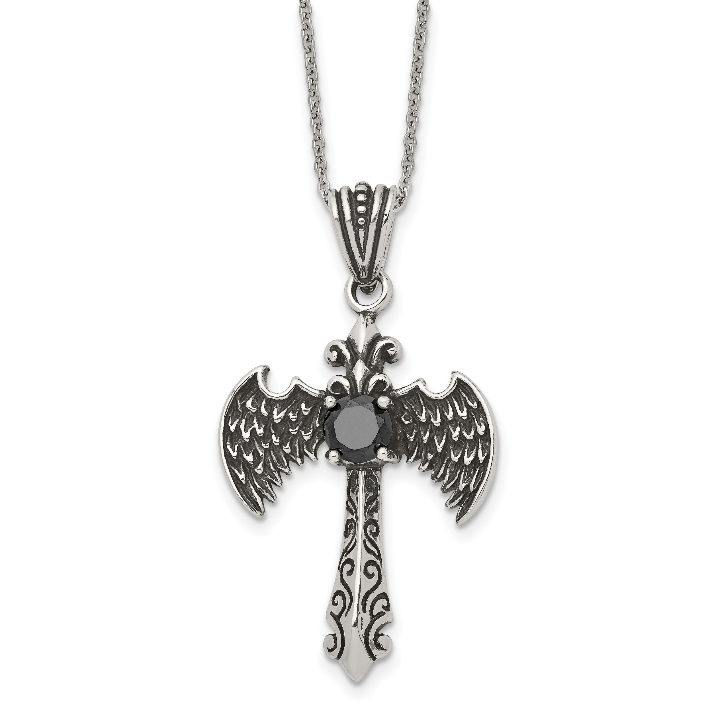 Stainless Steel Antiqued and Polished Black CZ Cross w/Wings Necklace Main image