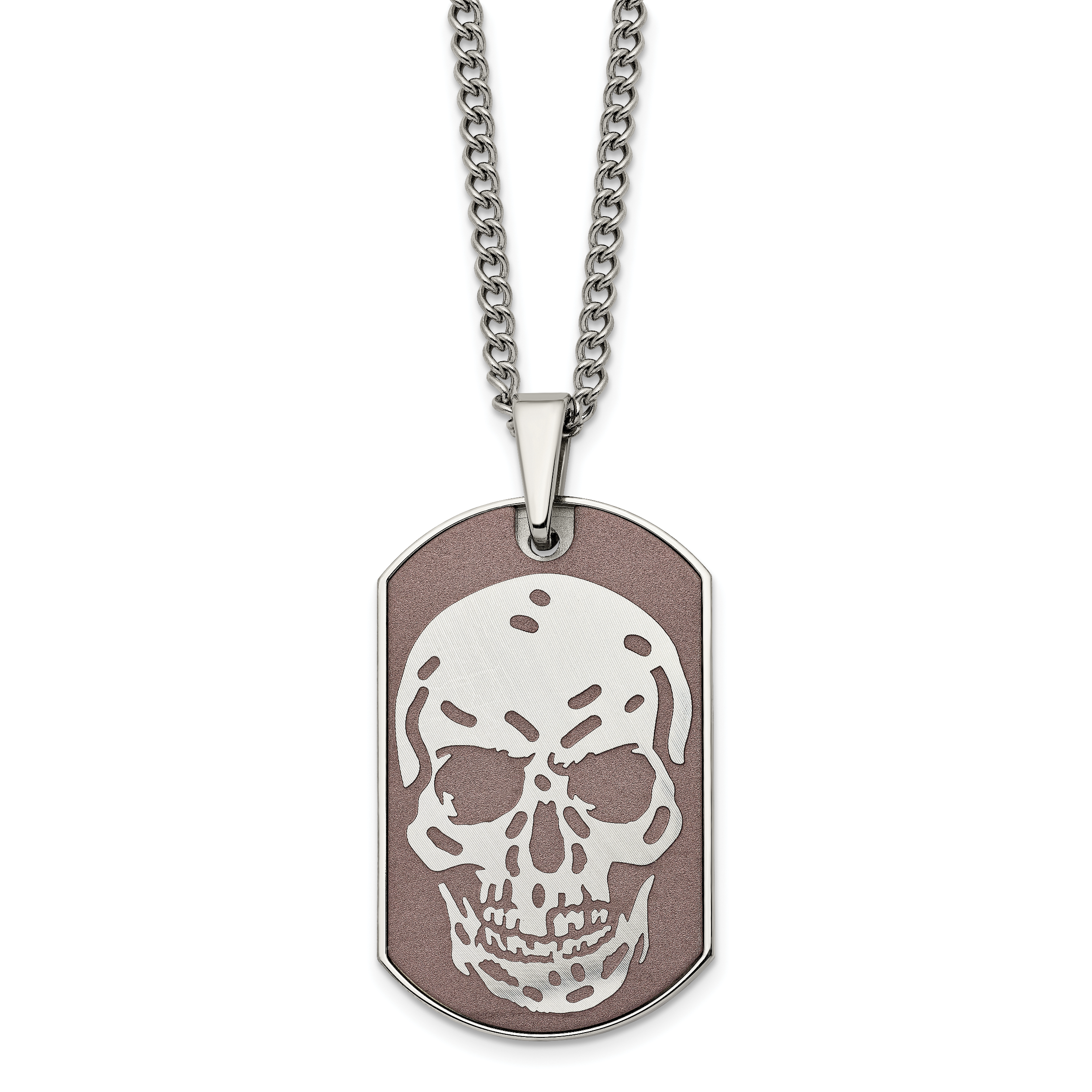 Stainless Steel Polished Brown IP-plated Skull Dog Tag 24 inch Necklace Main image