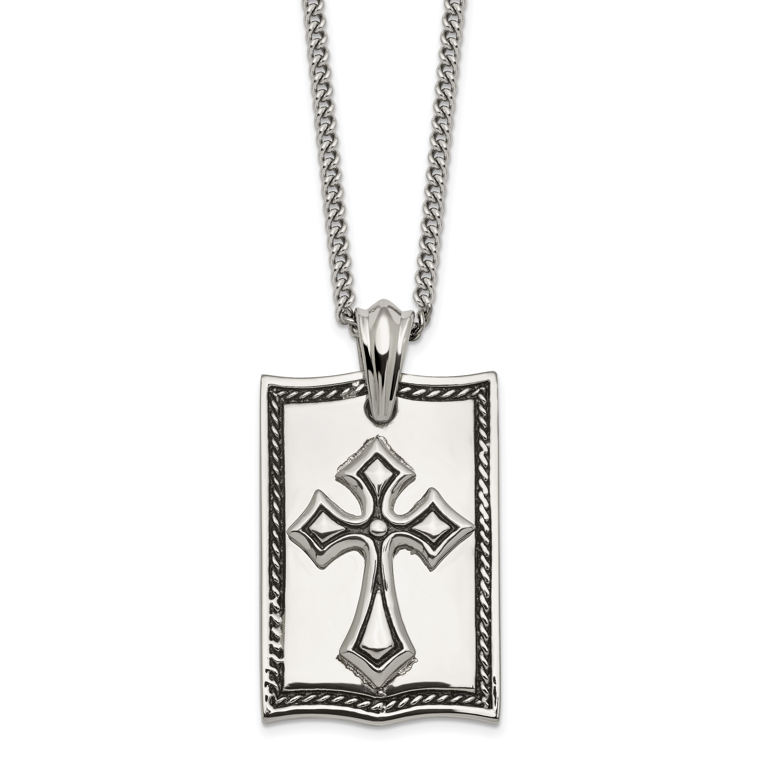 Stainless Steel Antiqued and Polished Cross Dog Tag 24in Necklace Main image