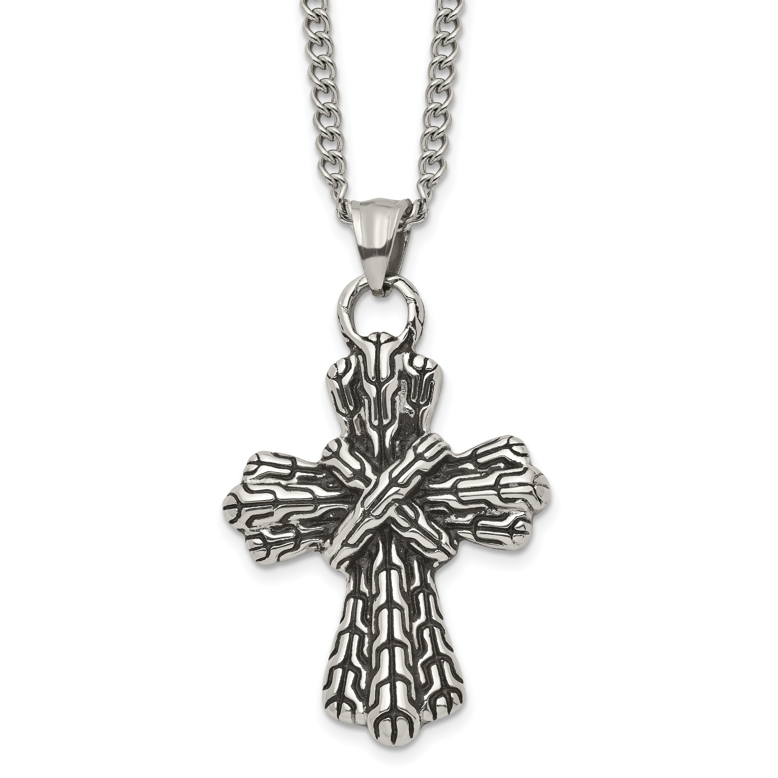 Stainless Steel Antiqued Polished and Textured Cross 24in Necklace Main image
